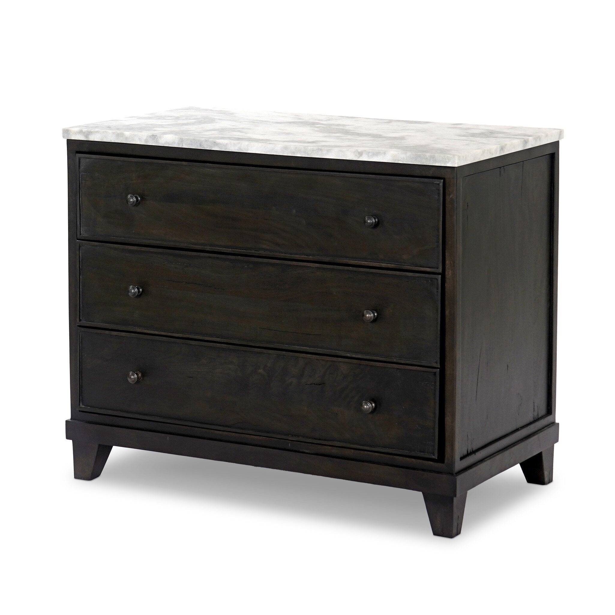 Dark wood stained nightstand with three drawers and a marble top. | Wildwood Home Co.