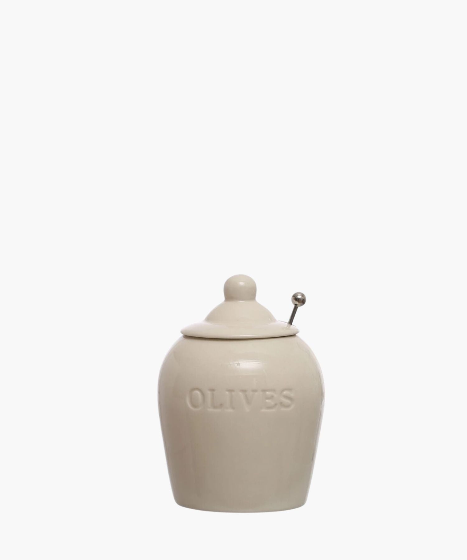 Cream-colored ceramic jar labeled "OLIVES" with a rounded lid and a small spoon. Simple, rustic design conveys a traditional kitchen feel. | Wildwood Home Co.