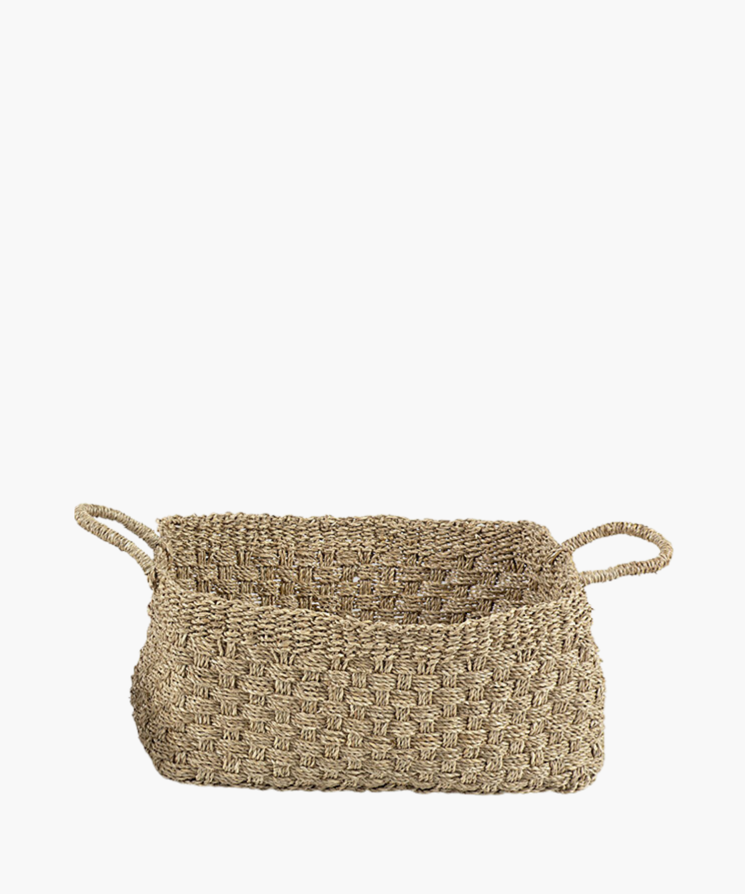 A rectangular seagrass woven basket with two looped handles, made of natural fibers in a textured, checkerboard pattern. The tone is earthy and rustic. | Wildwood Home Co.