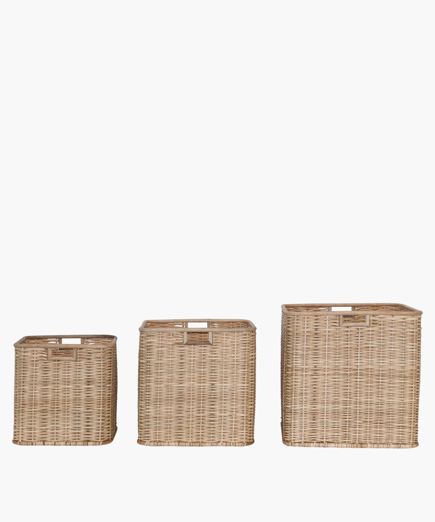 Square rattan and palm baskets with a natural finish in three sizes. Baskets feature a tight weave and sturdy rectangular shape. Simple and functional, evokes a rustic charm. | Wildwood Home Co.