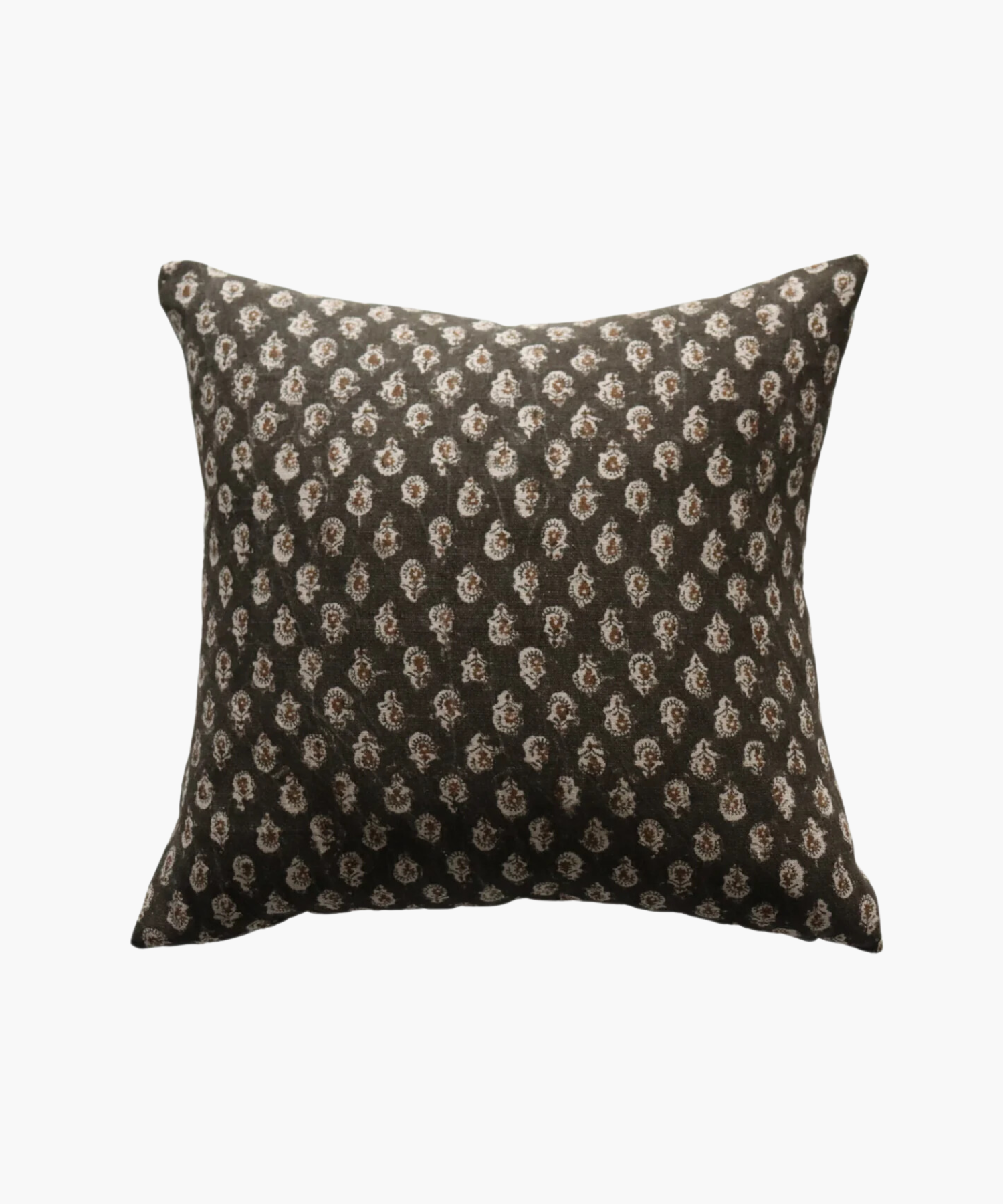 A square pillow with a dark brown background features a pattern of small, intricate white floral designs, conveying a cozy and elegant feel. | Wildwood Home Co.