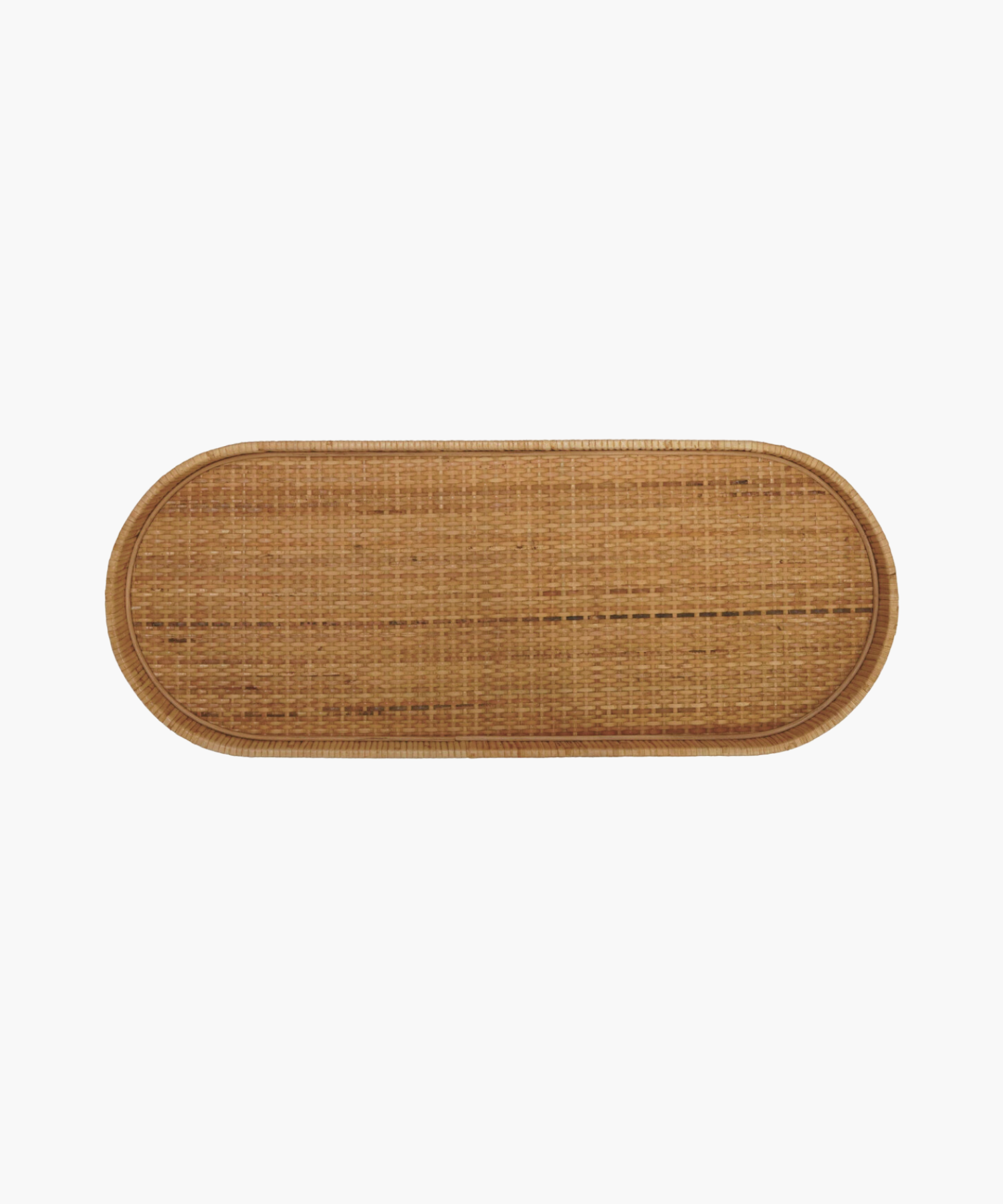 Large oval wicker handwoven tray with rounded edges, against a white background. Natural, rustic texture.