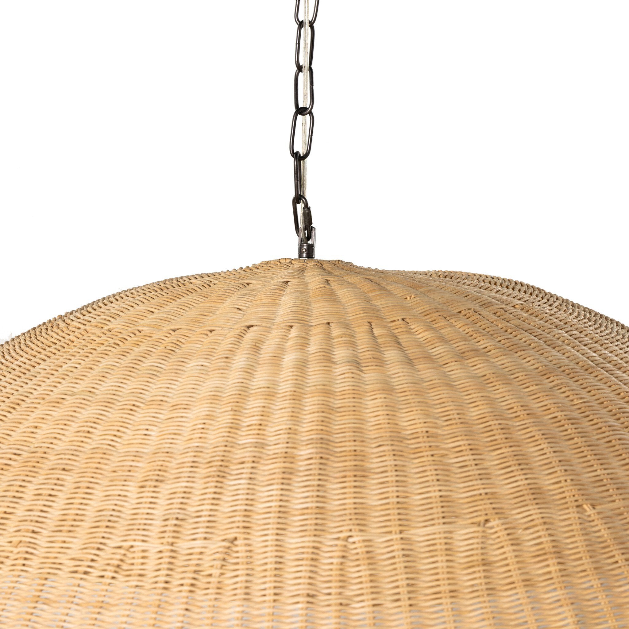 Close up view of a woven pendant light with a chain on a white background.