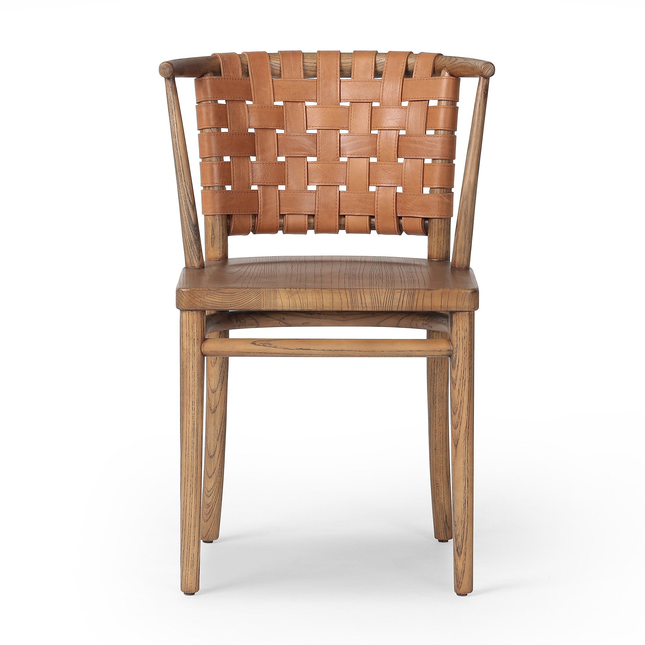 Wooden dining chair with barrel seatback of woven leather on a white background. | Wildwood Home Co.