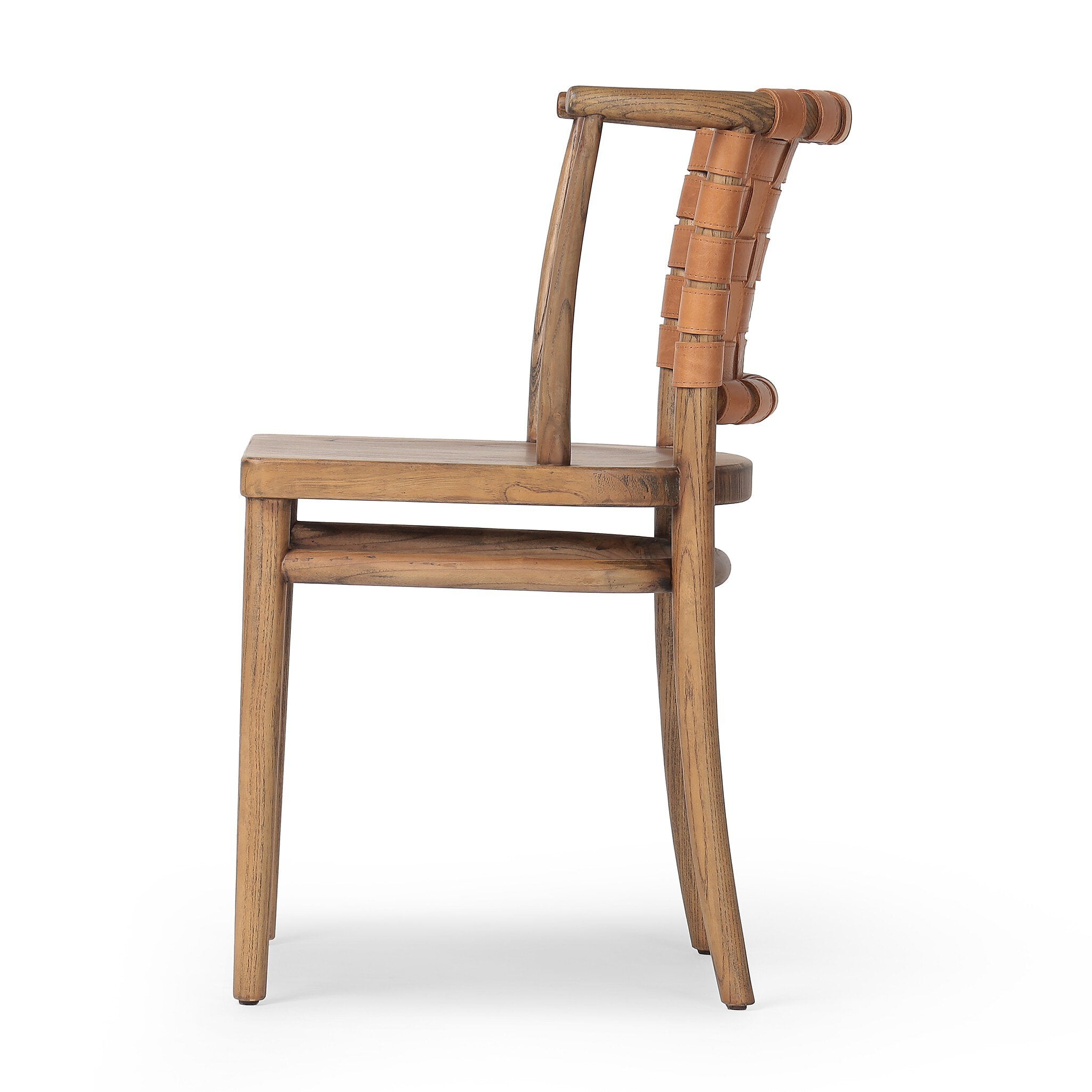 Side profile of a wooden dining chair with barrel seatback of woven leather on a white background.