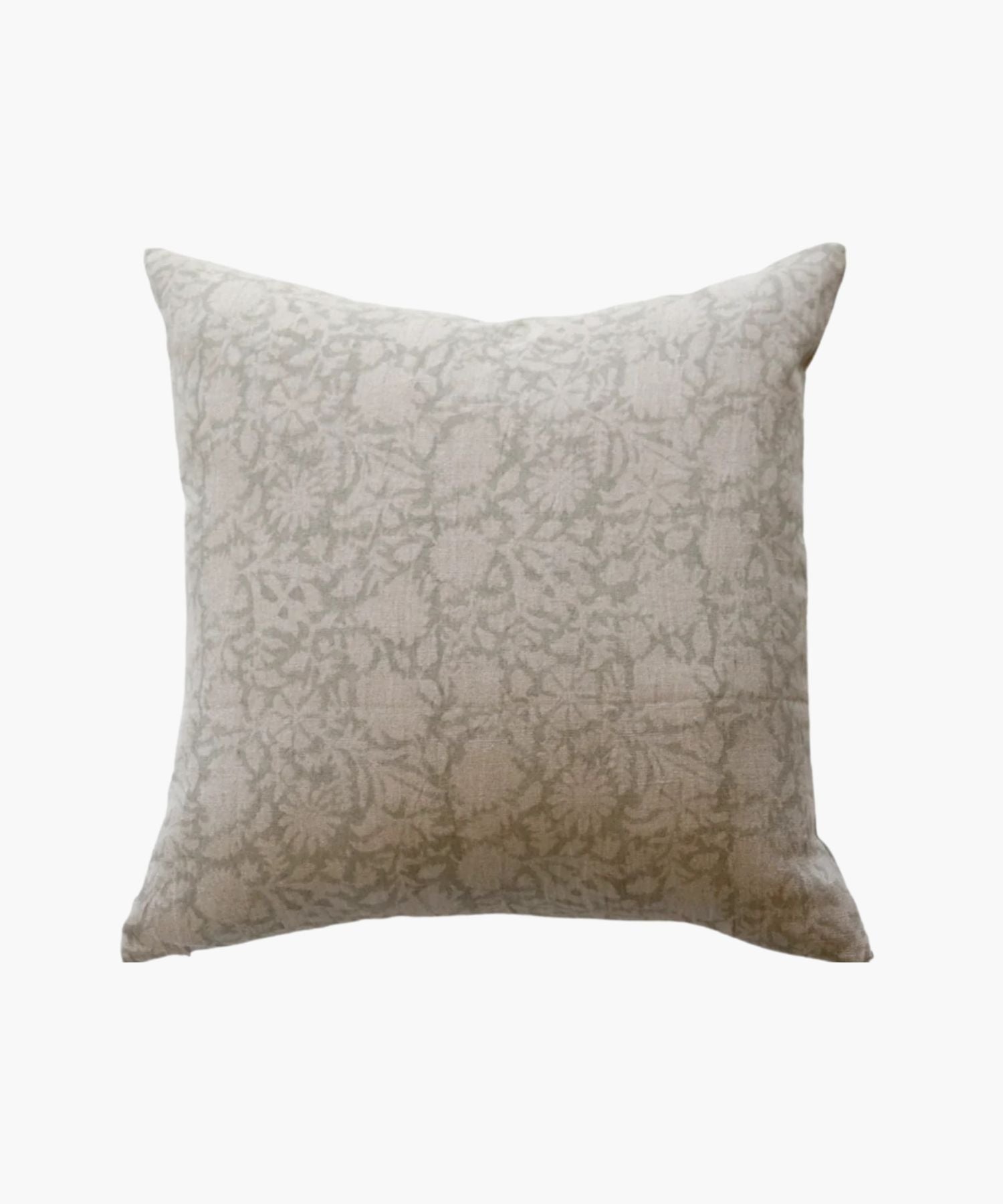 A square pillow with a subtle floral pattern in soft grey tones on a natural linen fabric. The design is delicate, creating a cozy and elegant feel. | Wildwood Home Co.