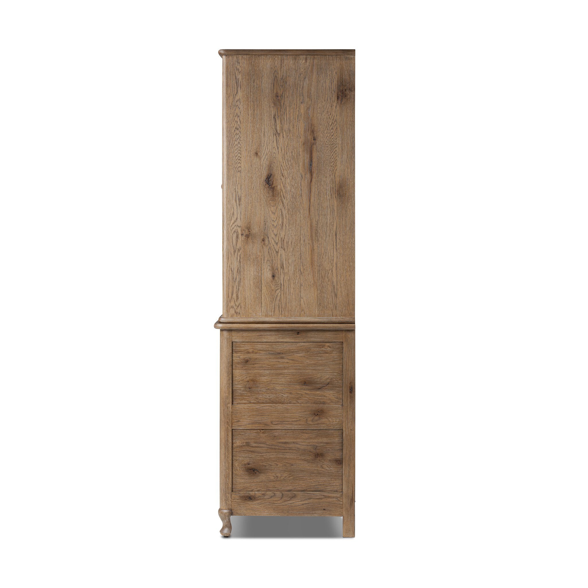 Side profile of a wooden armoire with two doors and four drawers on a white background.