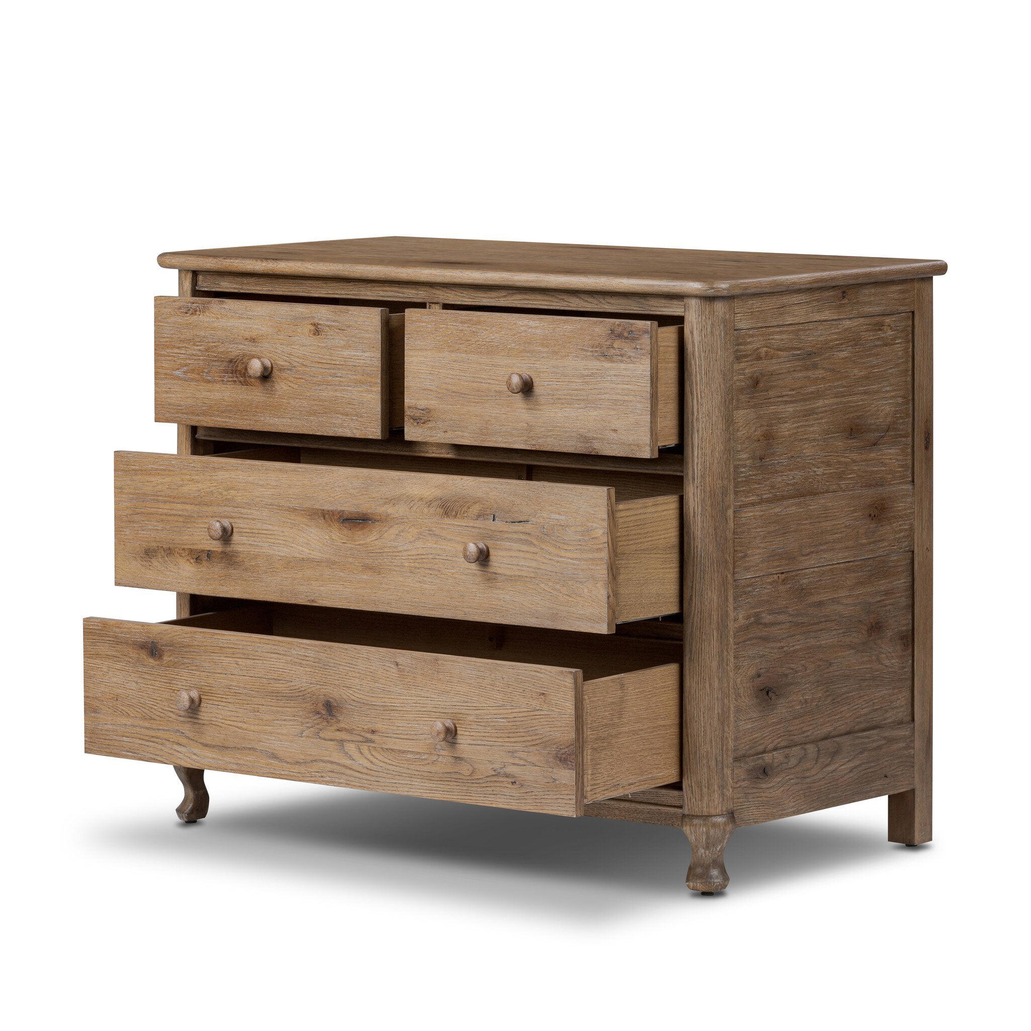 Wooden dresser with four drawers on a white background.
