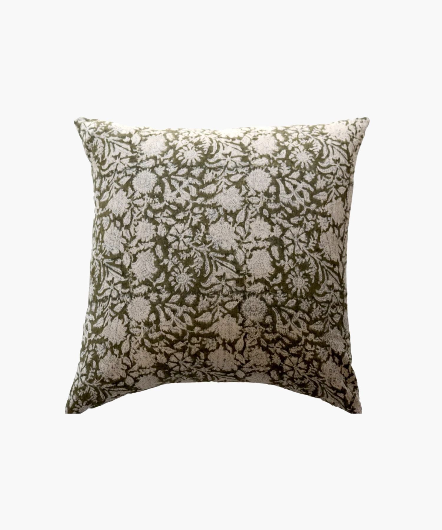 A square pillow cover with an intricate floral pattern in white on an olive green background. The design conveys a natural and elegant feel. | Wildwood Home Co.