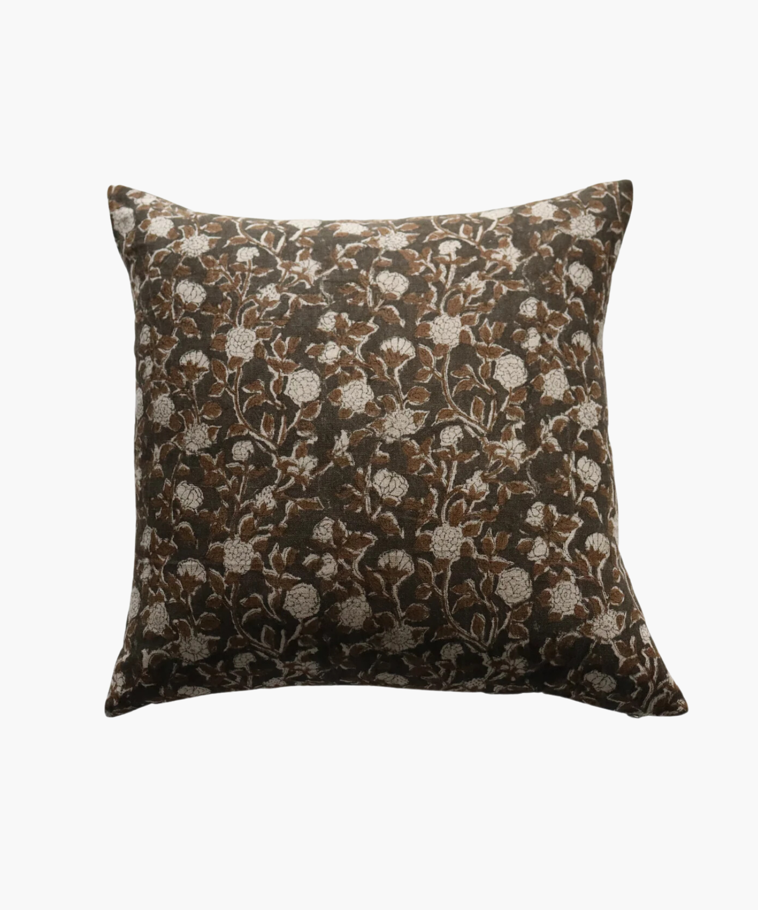 A square pillow with a floral pattern of brown leaves and white flowers on a dark background. The design is intricate and evokes a cozy feel. | Wildwood Home Co.