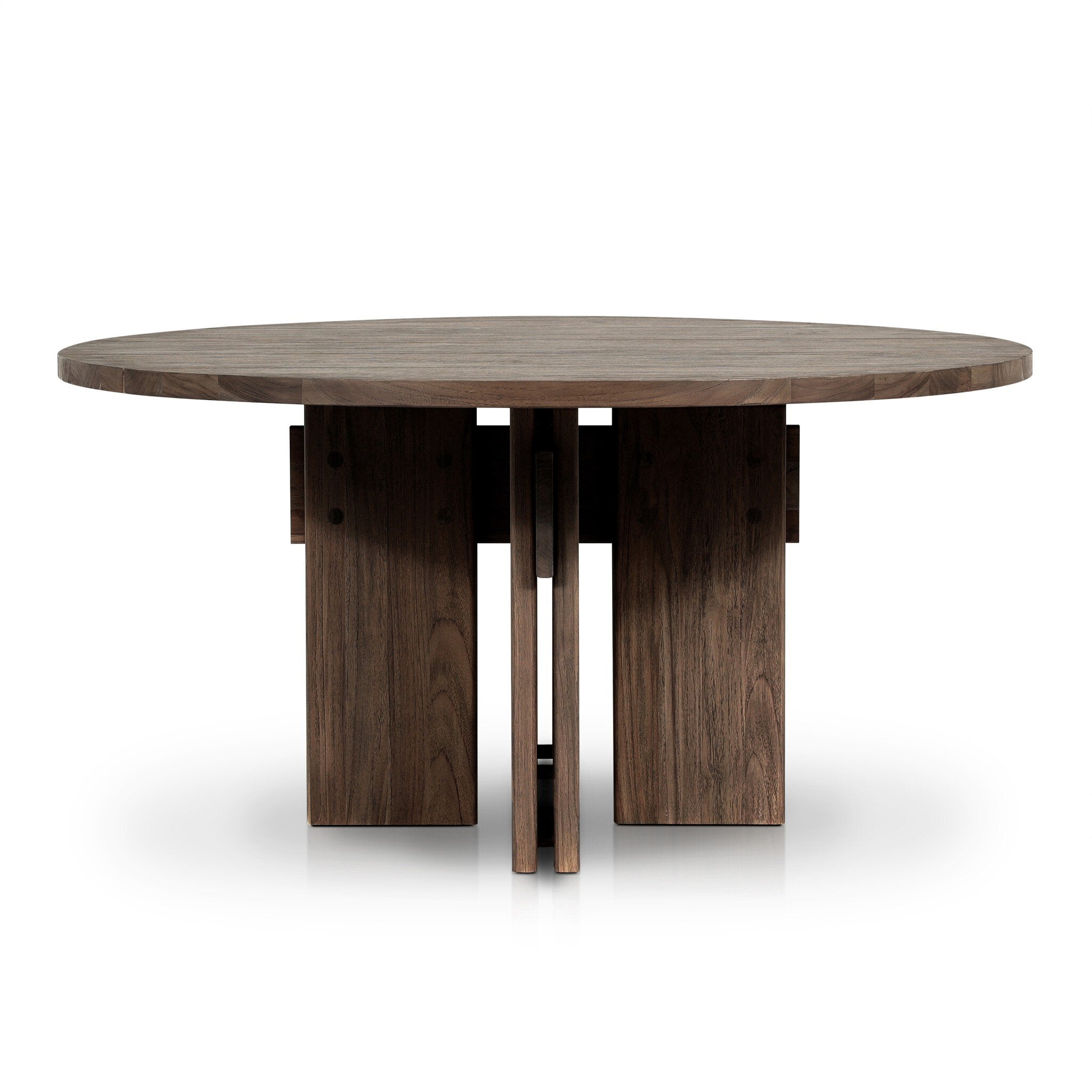 Solid teak round dining table with a dark brown finish on a white background. | Wildwood Home Co.