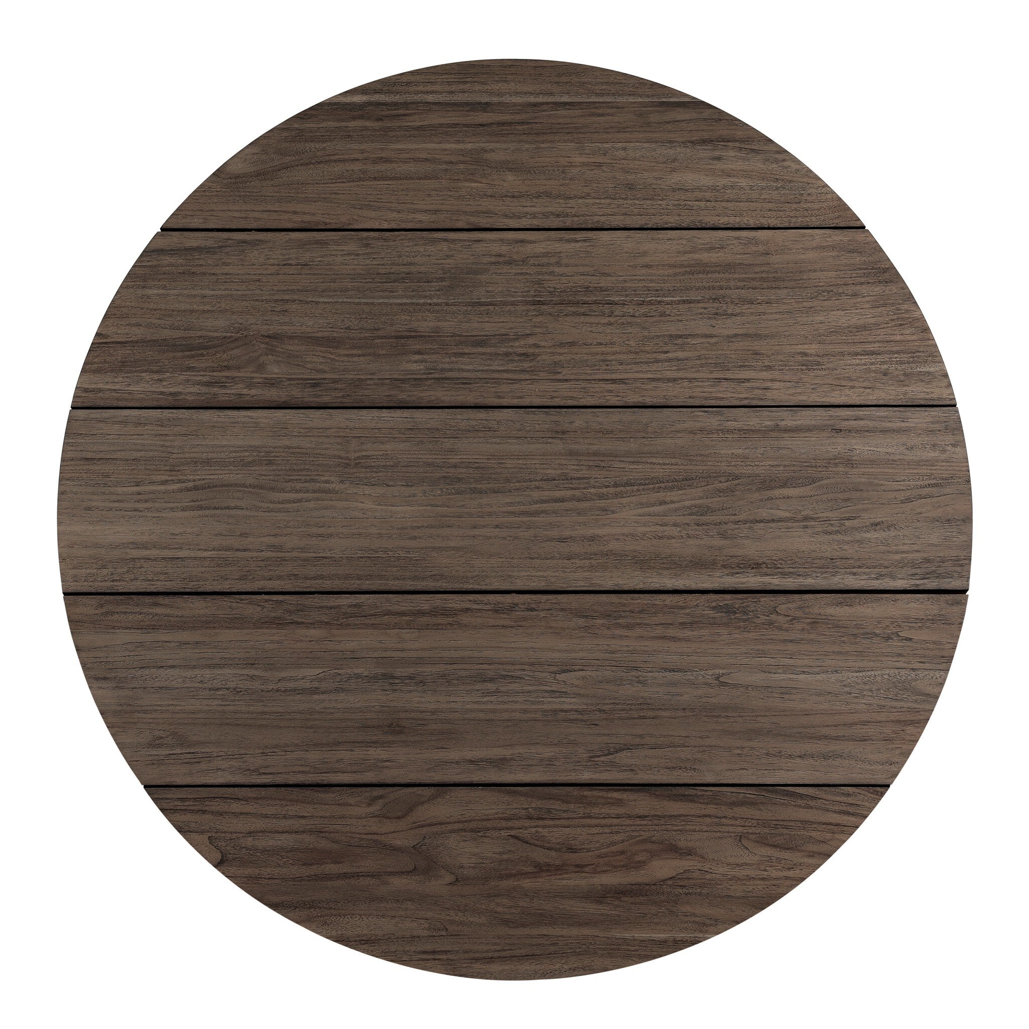 Overhead view of a solid teak round dining table with a dark brown finish on a white background.