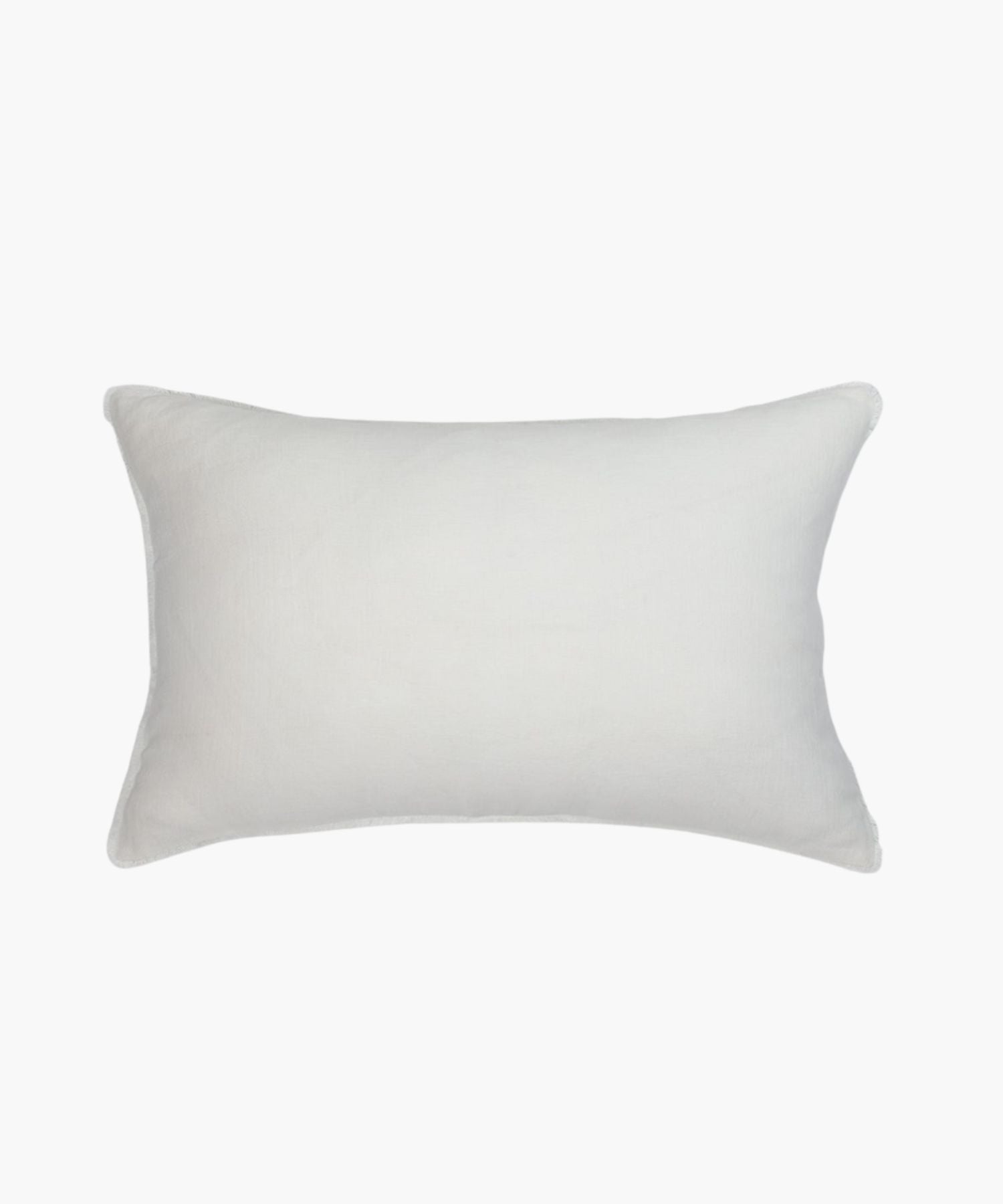 Rectangular ivory linen pillow on a white background highlighting fabric texture, stitching, and finish.