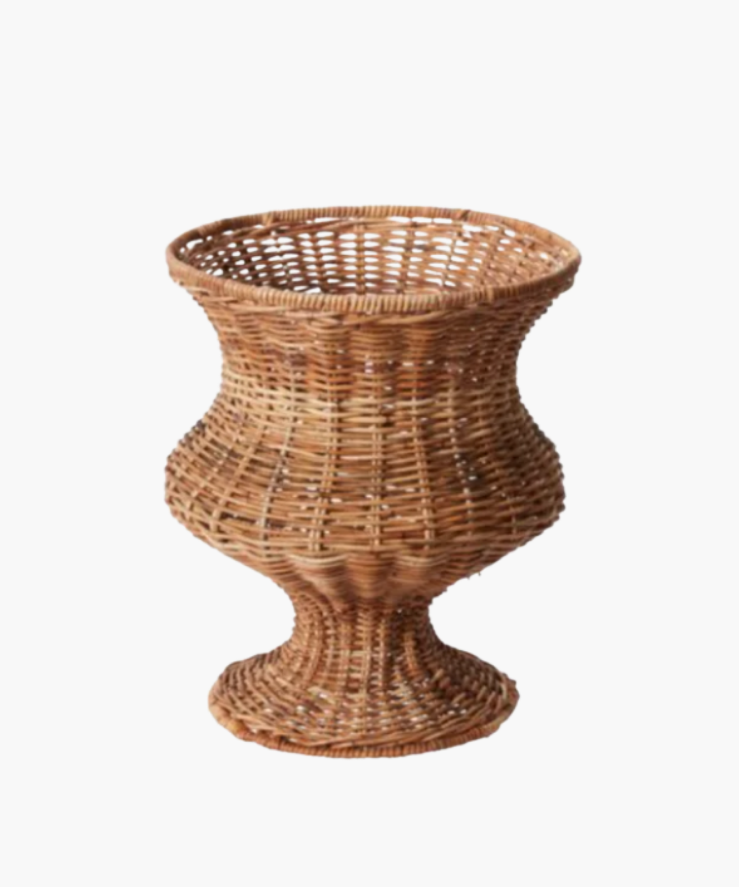 A woven wicker basket with an elegant hourglass shape, featuring an open weave pattern. The basket is brown and conveys a rustic, handcrafted feel. | Wildwood Home Co.