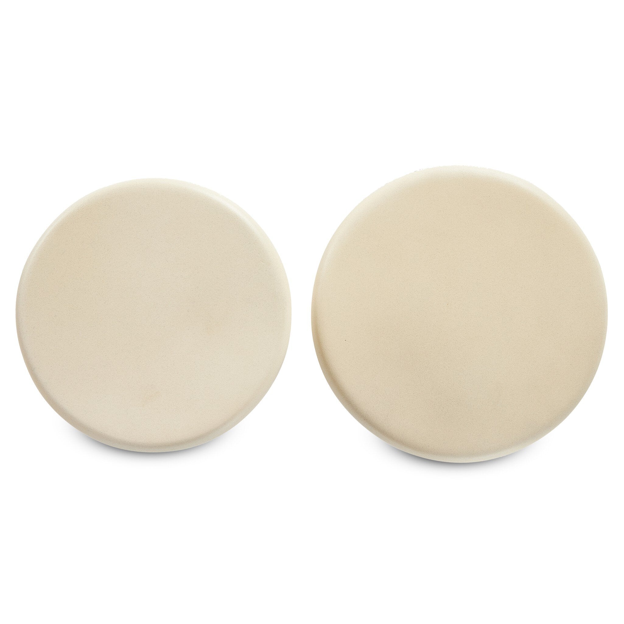 Overhead picture of two beige accent tables showing the different sizes of the round tops on a white background.