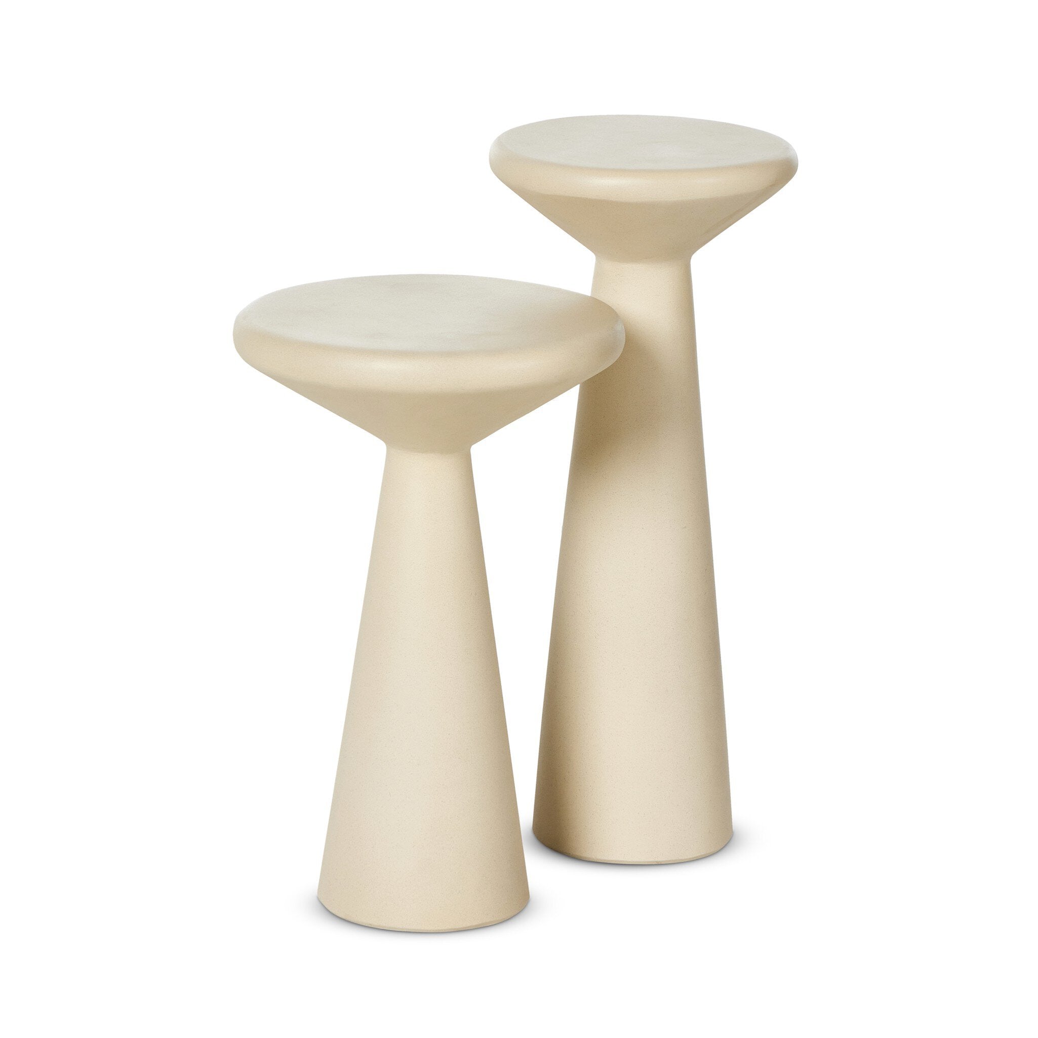 Two beige accent tables with round tops and different heights on a white background.