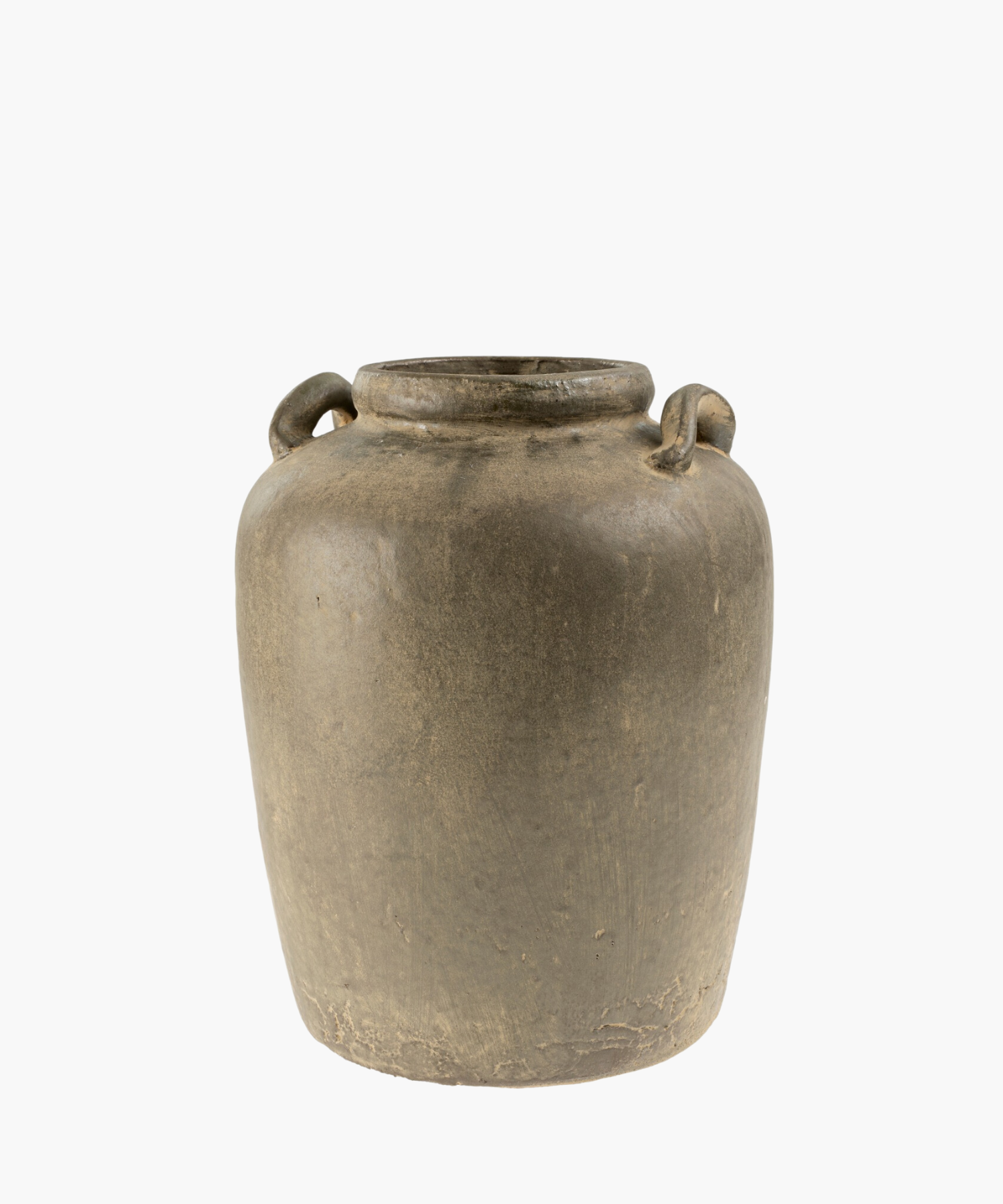 A rustic, earthy-toned ceramic jar with a wide body, two loop handles near the top, and a narrow neck. It conveys a sense of history and simplicity. | Wildwood Home Co.