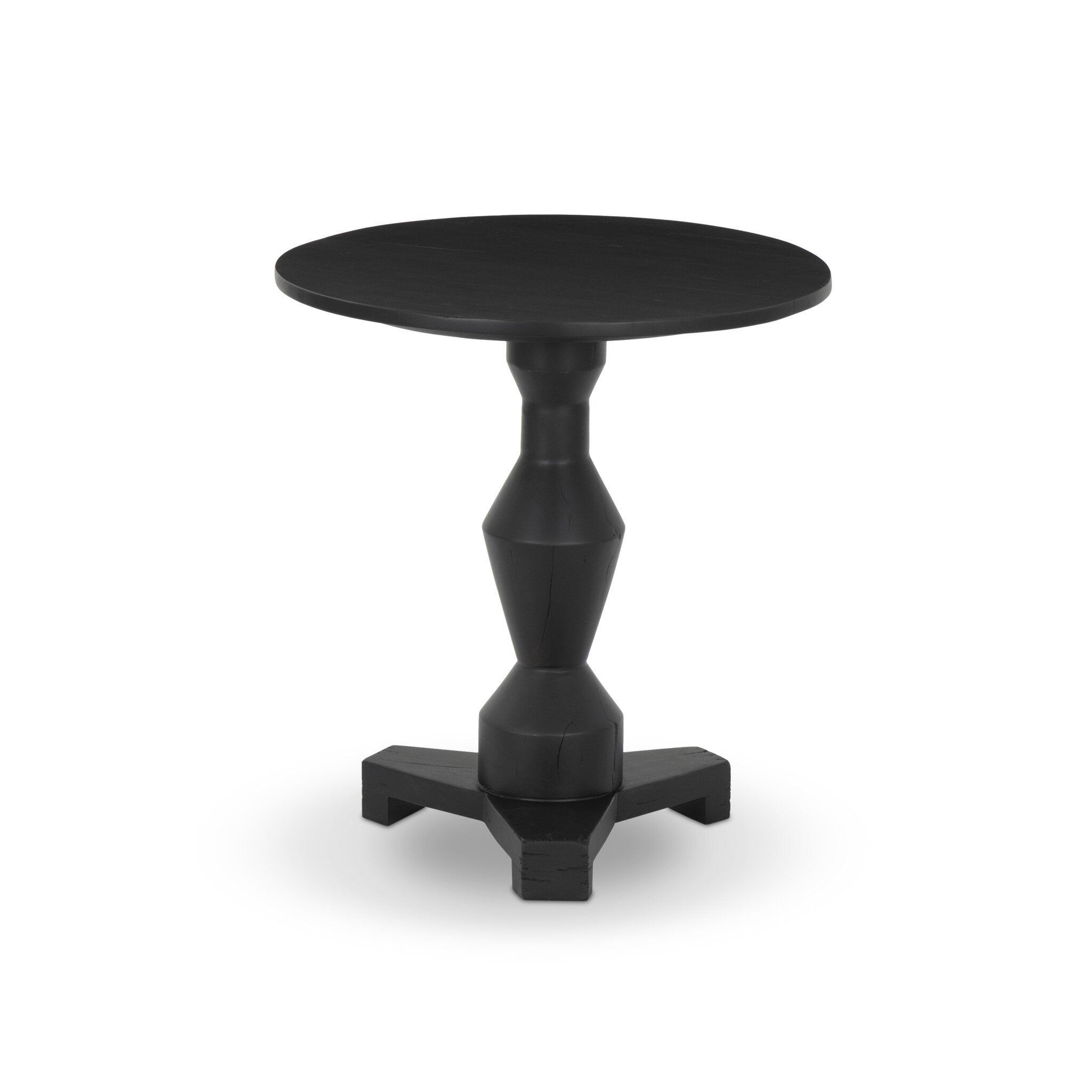 Black round end table with a pedestal base with tripod feet on a white background. | Wildwood Home Co.