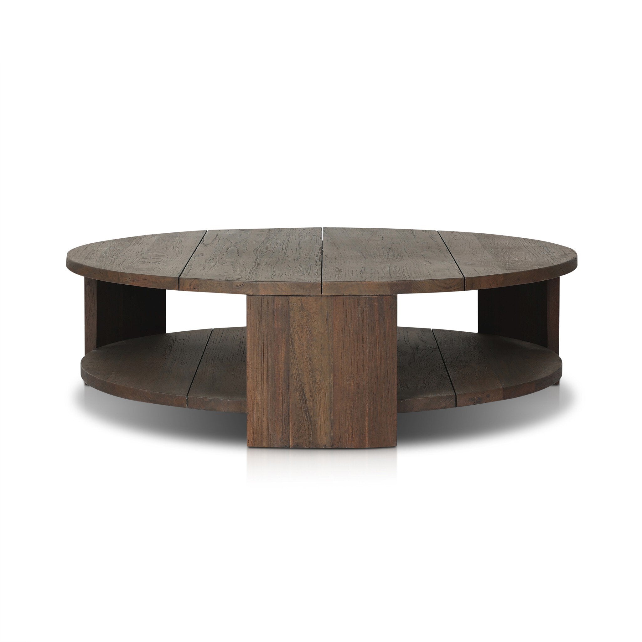 A two tiered round coffee table made from reclaimed wood with chunky legs and a brown finish. | Wildwood Home Co.