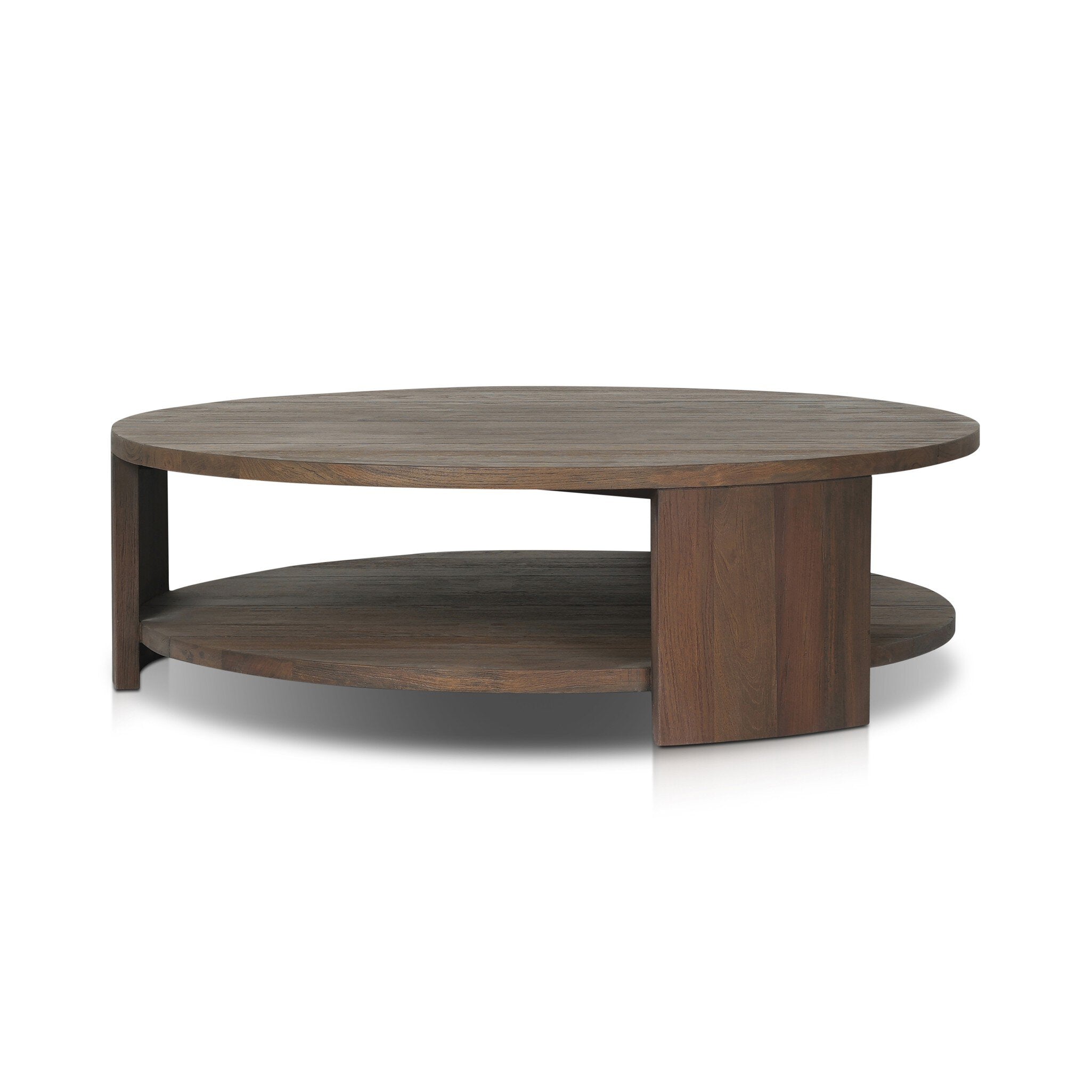 A two tiered round coffee table made from reclaimed wood with chunky legs and a brown finish.