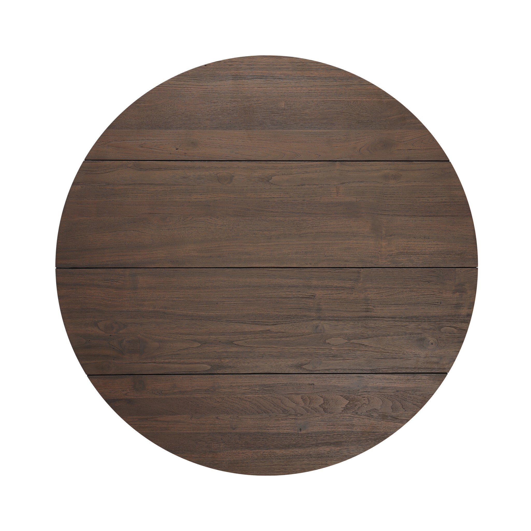 Overhead view of a two tiered round coffee table made from reclaimed wood with chunky legs and a brown finish.