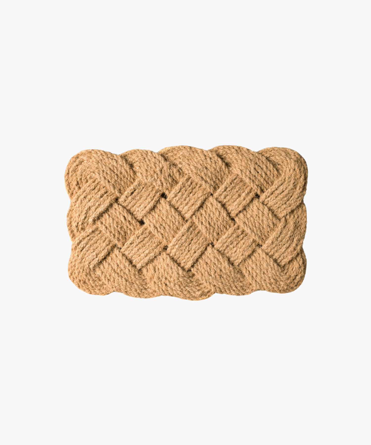 A rectangular doormat with an intricate braided pattern crafted from natural jute fibers, conveying a rustic and welcoming tone.