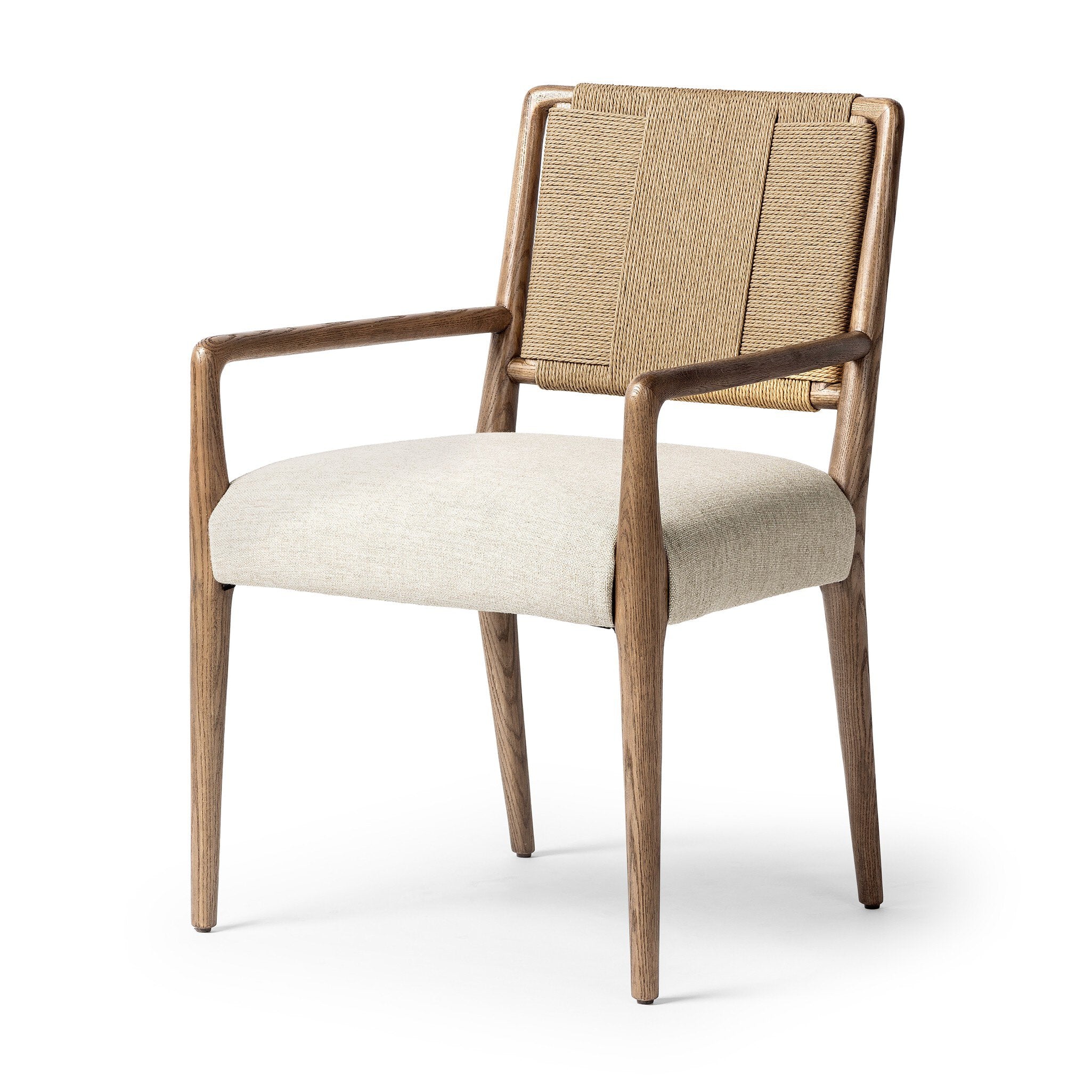 Dining chair with woven backrest and upholstered seat on a white background.