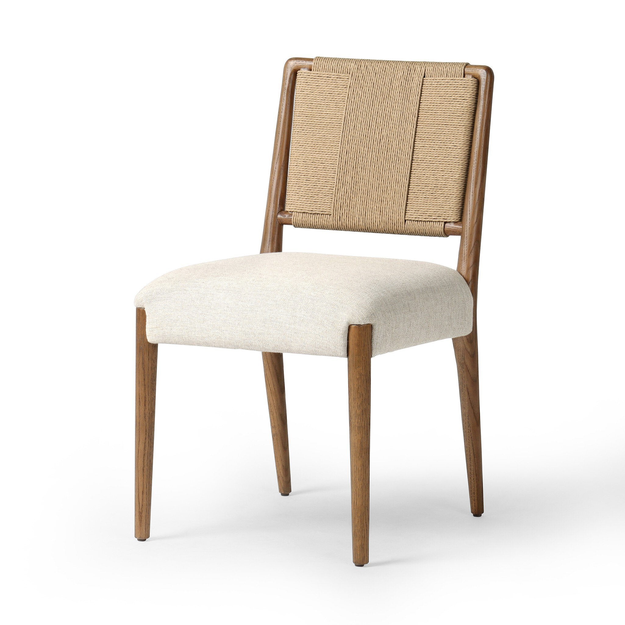 Dining chair with woven backrest and beige cushion on a white background.