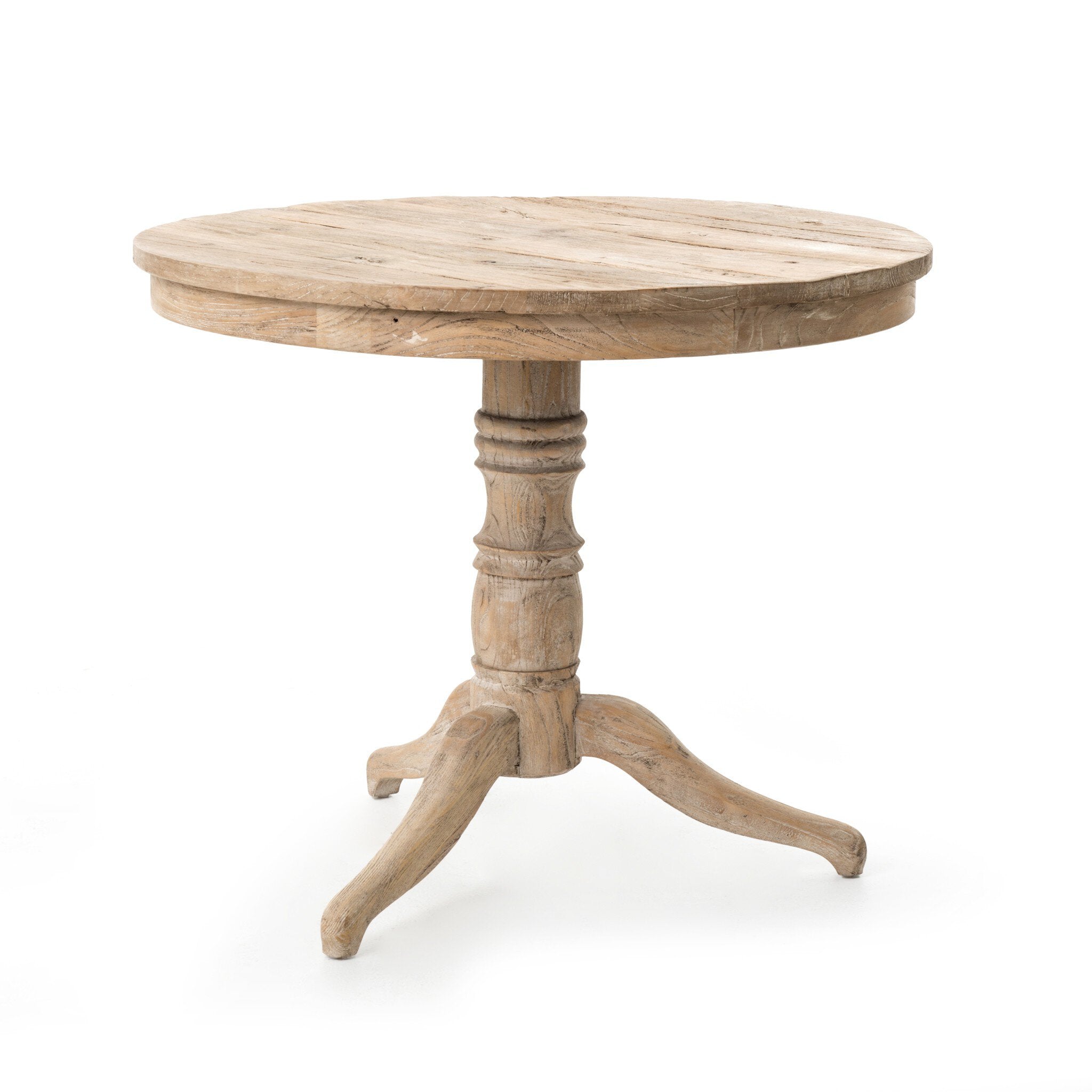 Round whitewashed wooden table with a turned pedestal and curved tripod feet on a white background. | Wildwood Home Co.