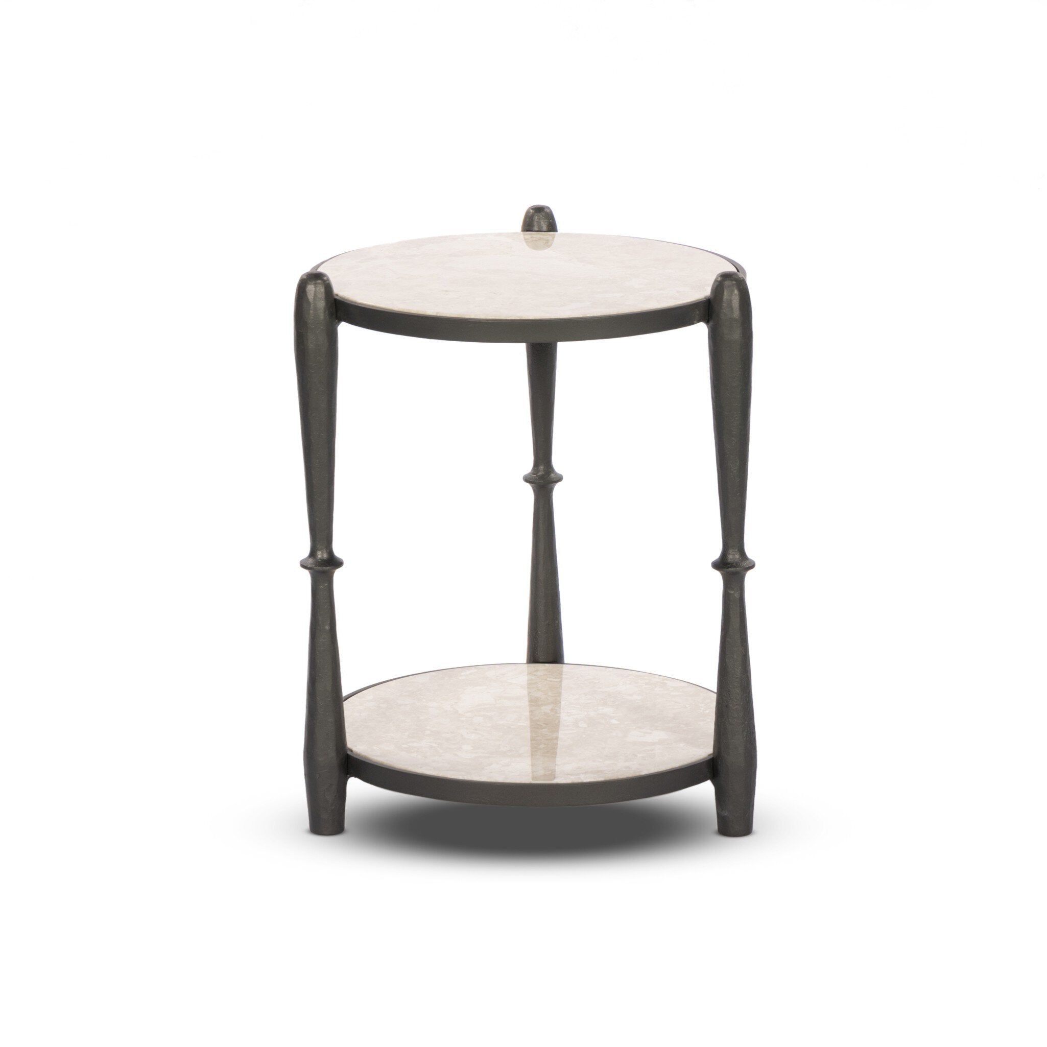 Small round tiered end table with inset marble shelves and turn-style legs on a white background. | Wildwood Home Co.