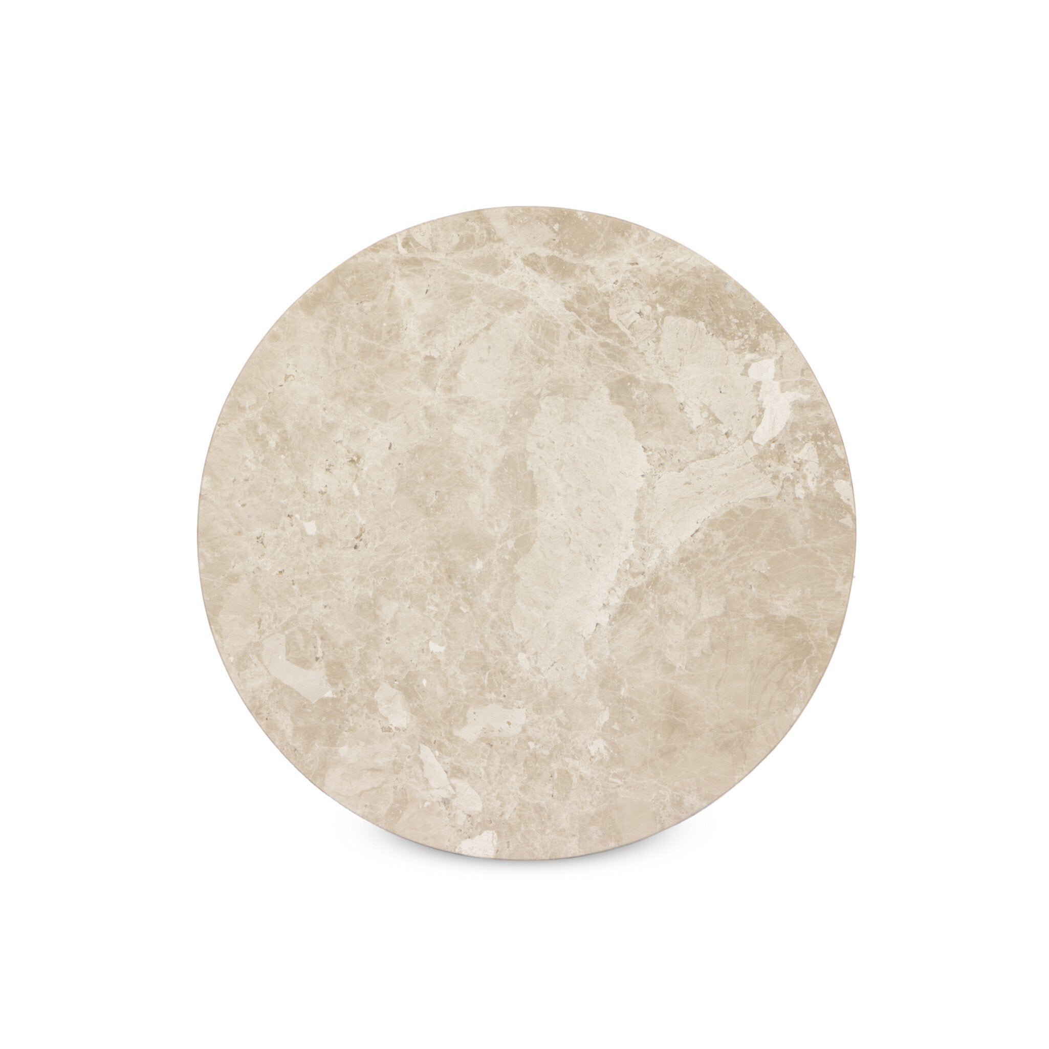 Overhead picture of a small round tiered end table with inset marble shelves on a white background.