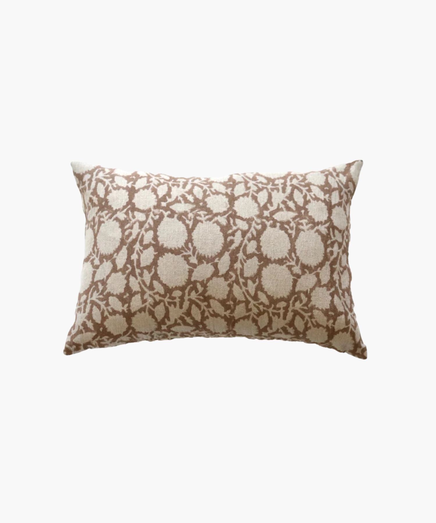A rectangular lumbar pillow cover with a beige and brown floral pattern, featuring delicate vines and round blossoms. The fabric texture adds a cozy, elegant feel. | Wildwood Home Co.