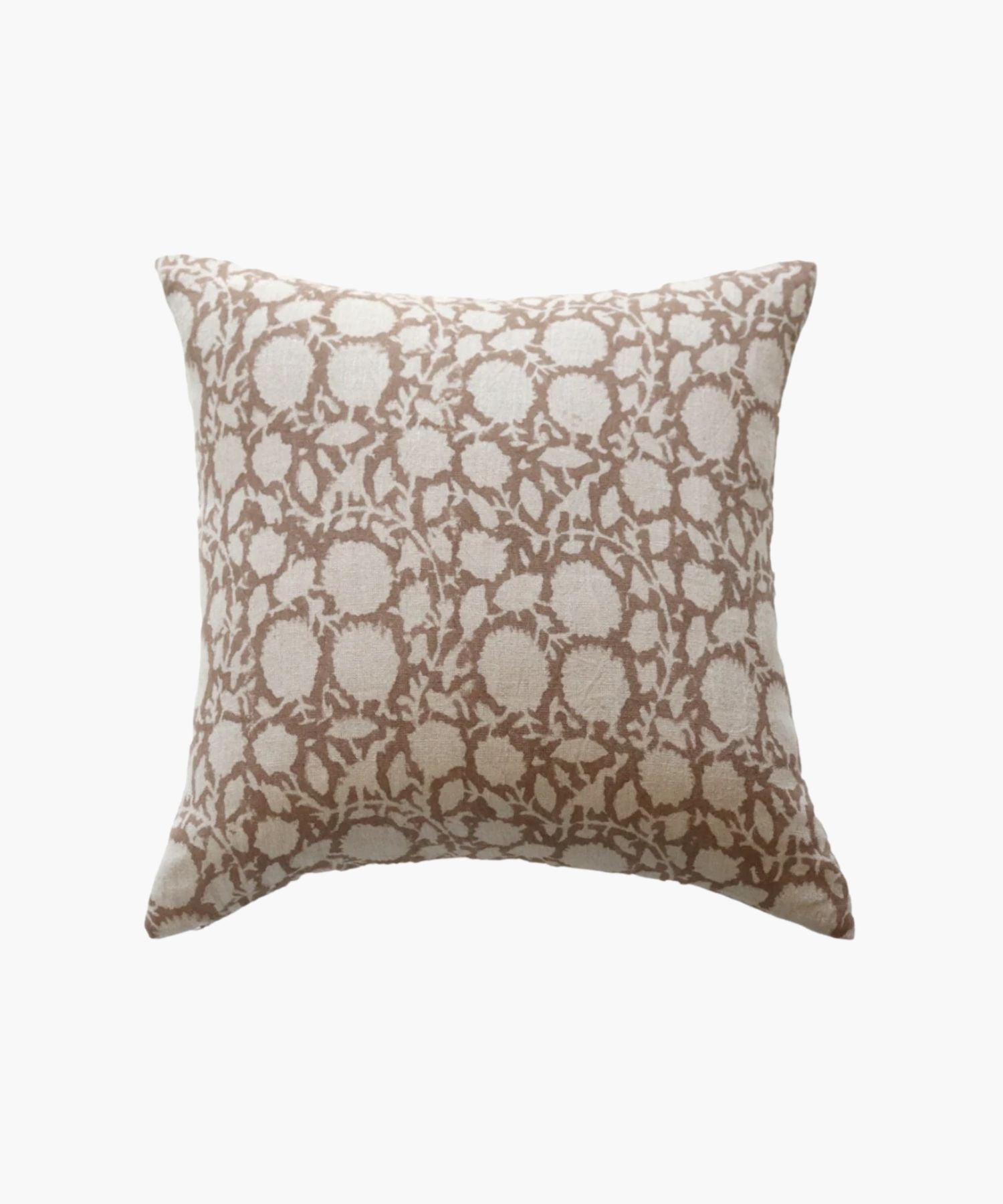 A square pillow cover with a beige and brown floral pattern, featuring delicate vines and round blossoms. The fabric texture adds a cozy, elegant feel. | Wildwood Home Co.