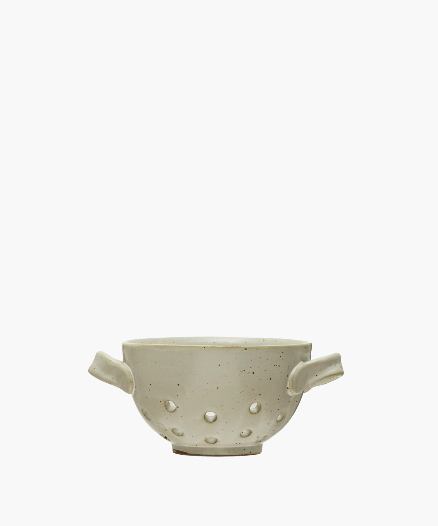 A small white ceramic berry bowl with handles and a reactive glaze on a plain background. | Wildwood Home Co.