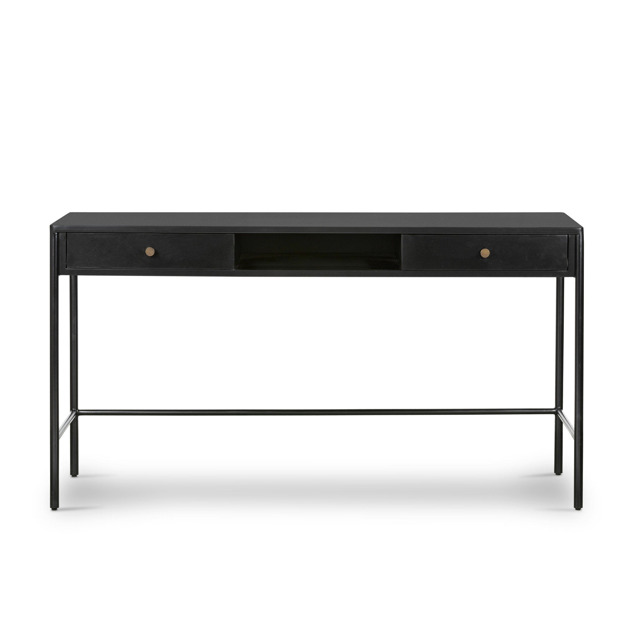 Black desk with two drawers on a white background. | Wildwood Home Co.