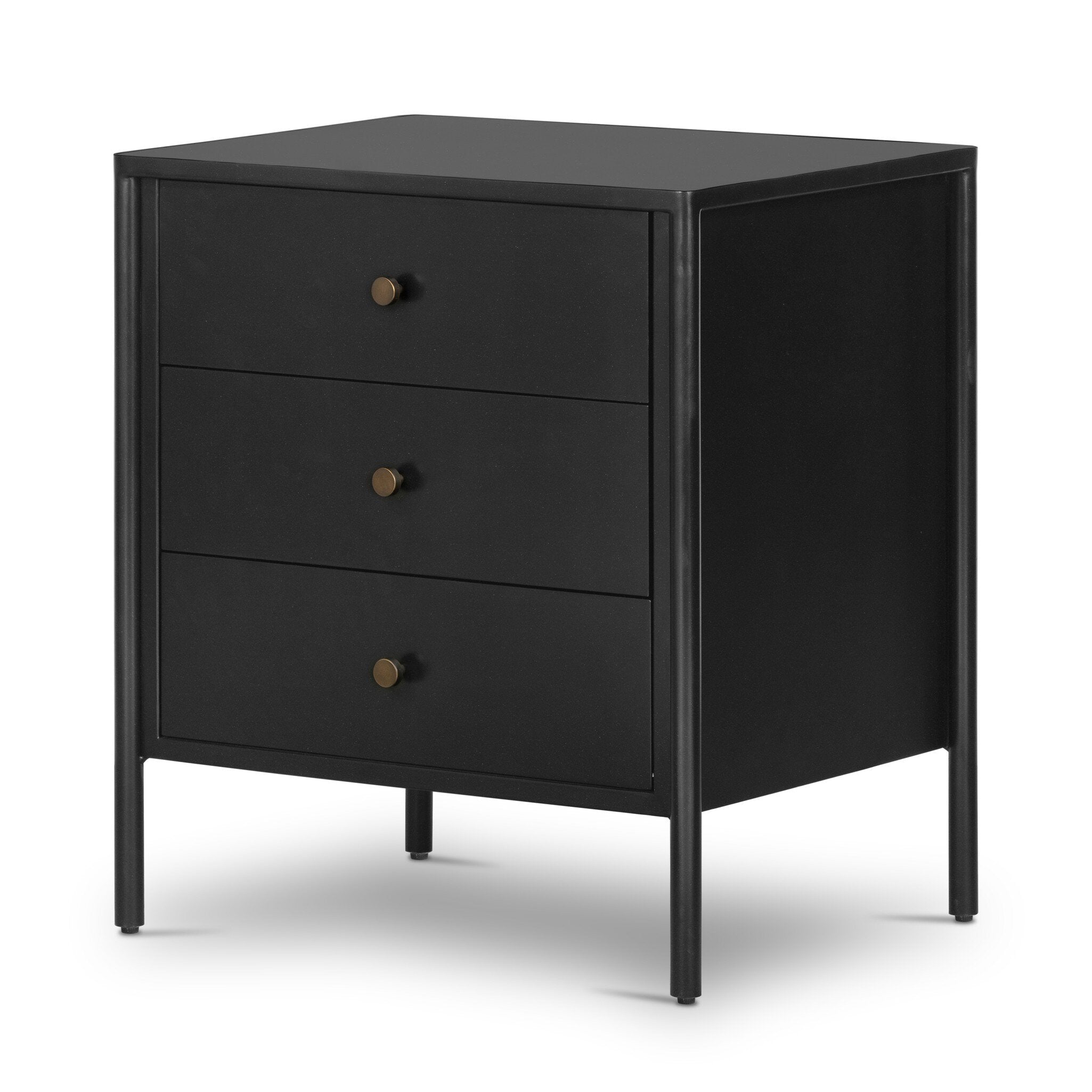Black dresser with three drawers on a white background.