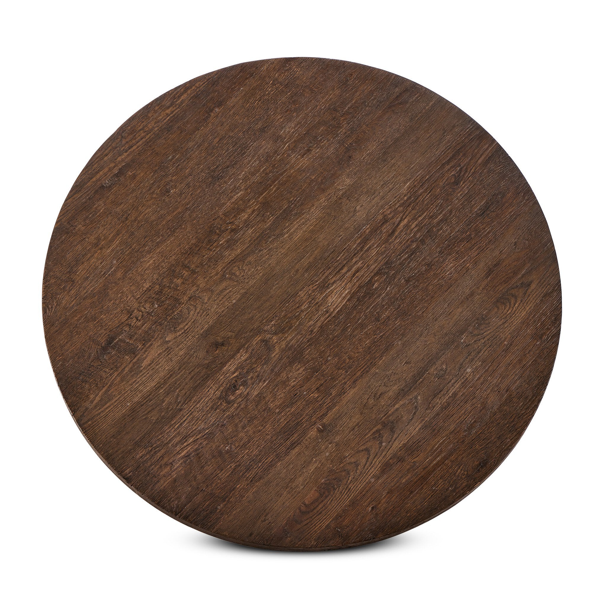Overhead view of a round wooden coffee table on a white background.