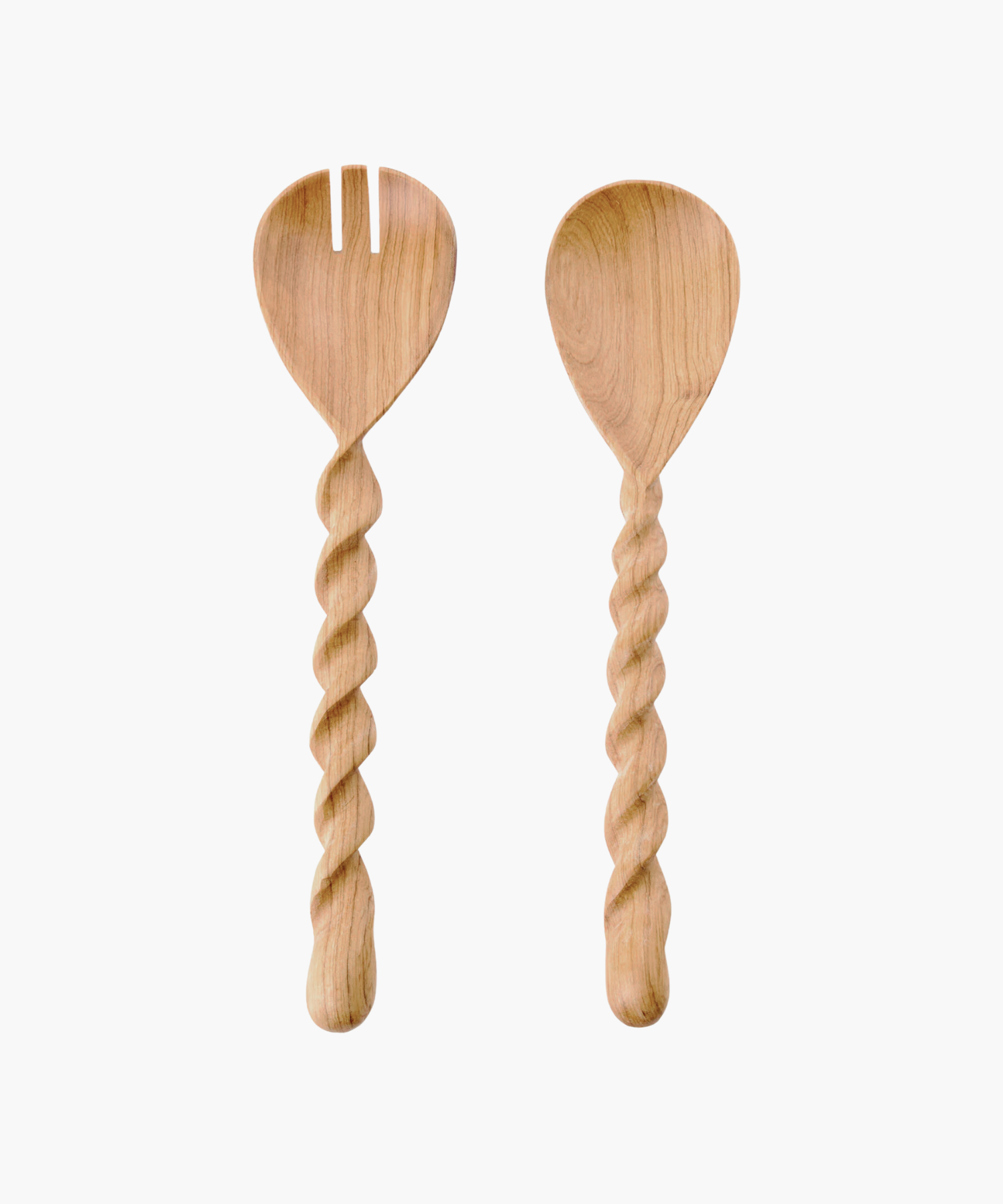 Two wooden salad utensils on a white background, featuring a fork and a spoon. Each has an intricately twisted handle, conveying a rustic charm. | Wildwood Home Co.