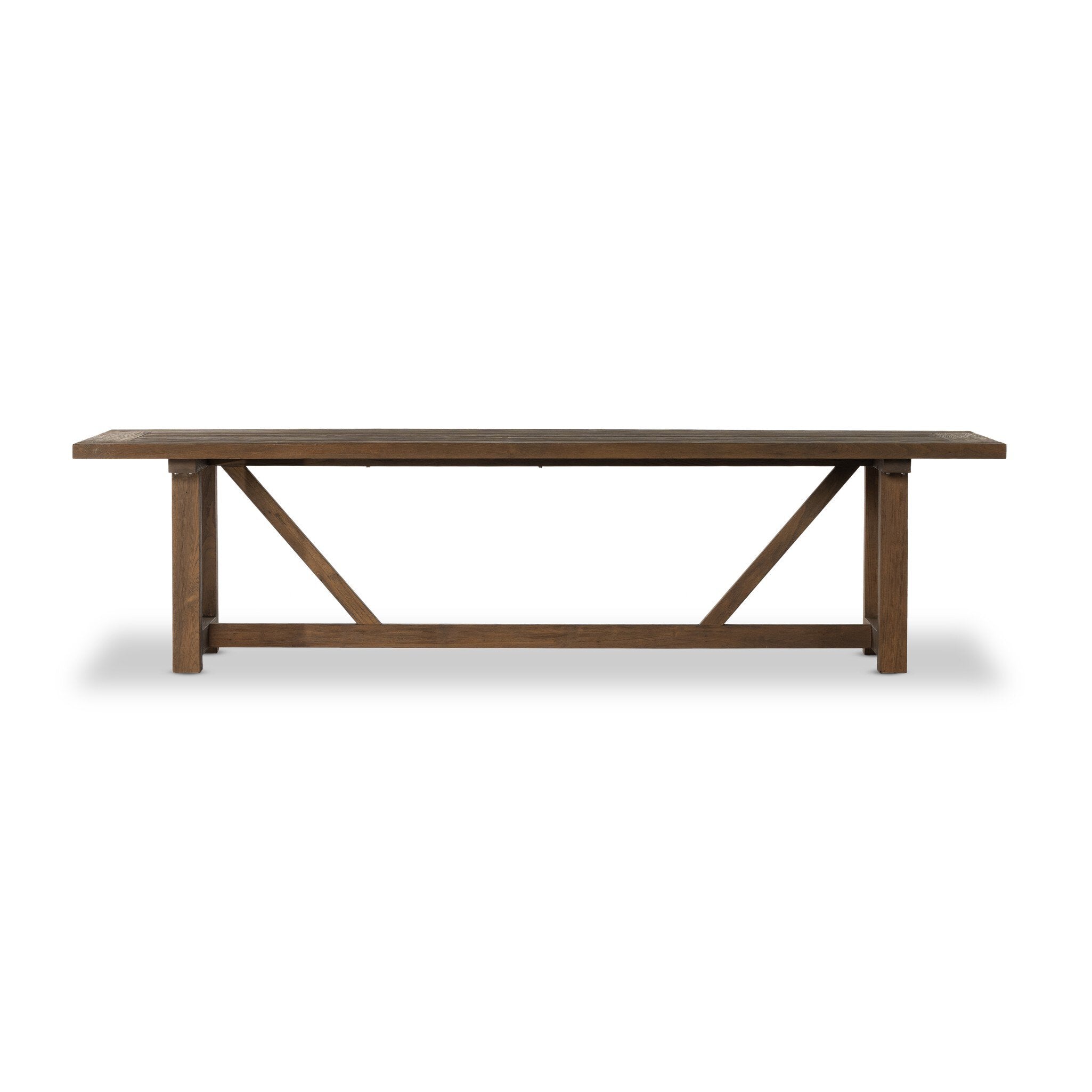 Trestle-style dining table made from reclaimed teak on a white background. | Wildwood Home Co.