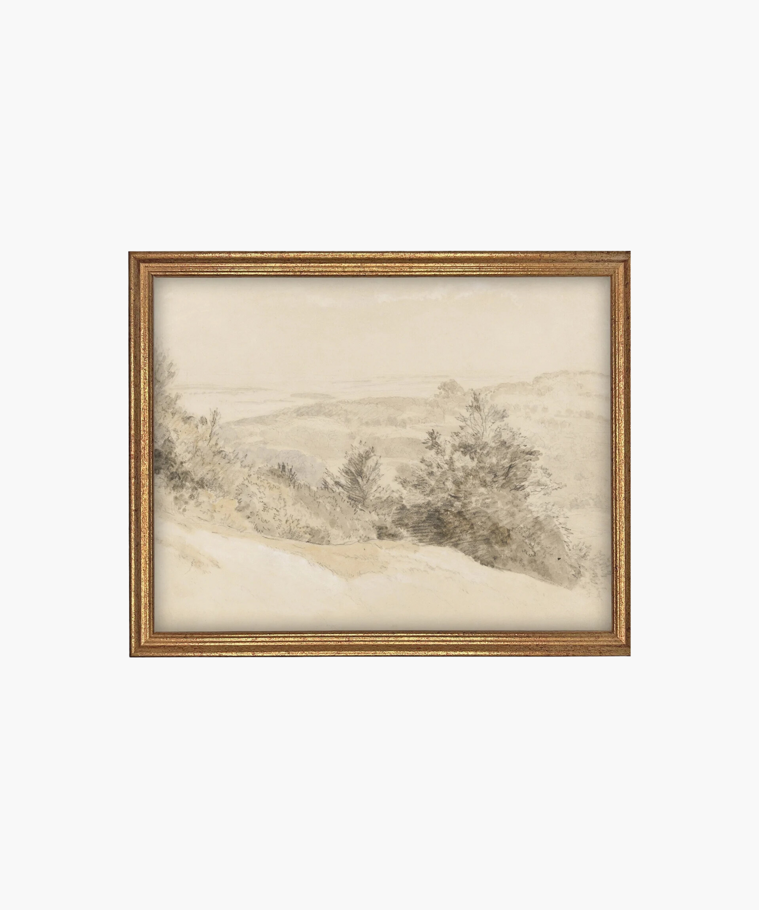 A sepia-toned landscape drawing depicts rolling hills and trees, exuding a serene, nostalgic atmosphere. Framed in an antique golden frame. | Wildwood Home Co.