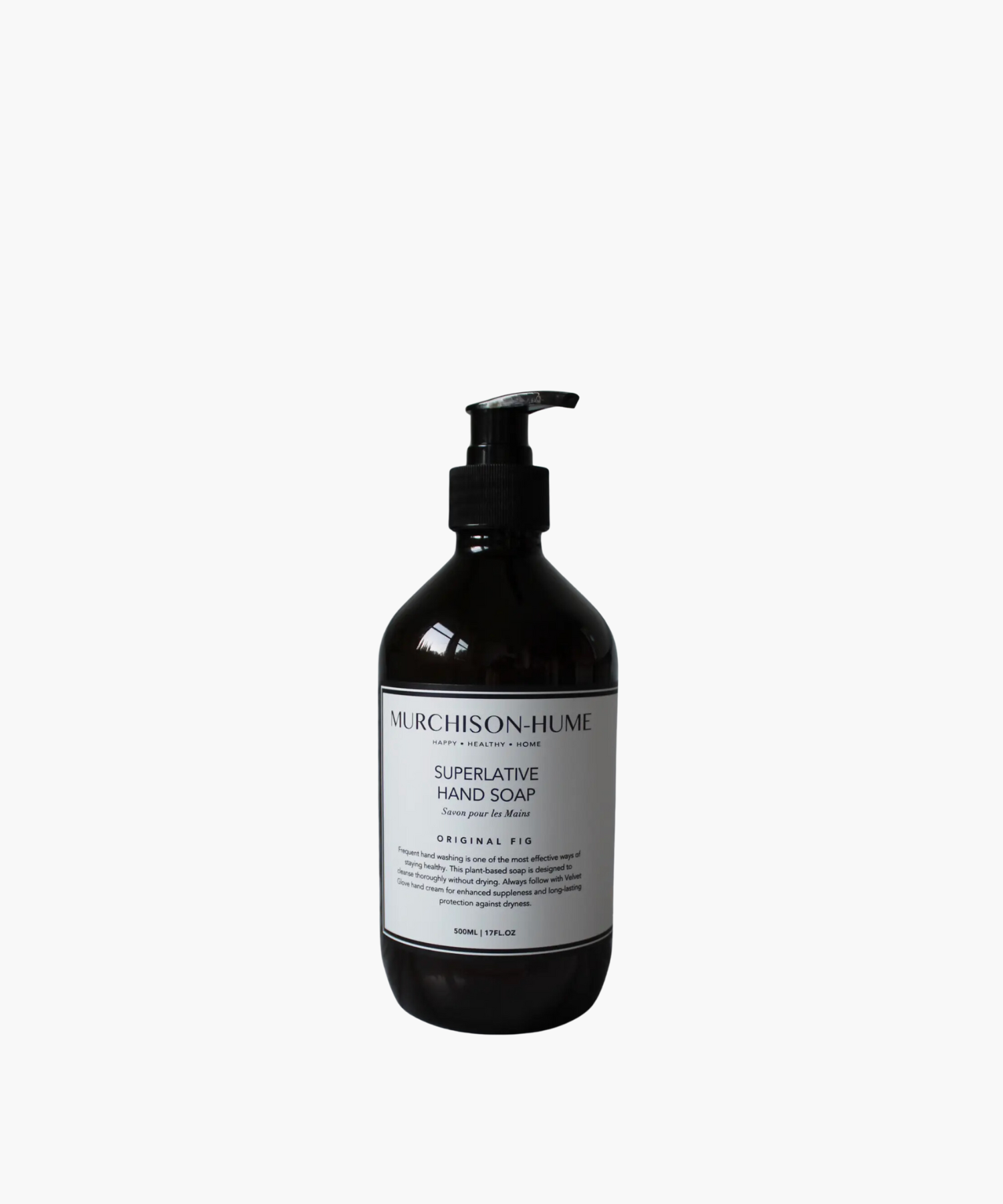 Dark bottle of Murchison-Hume Superlative Hand Soap with a pump dispenser. The label features text about the product's benefits, conveying a clean and natural vibe.