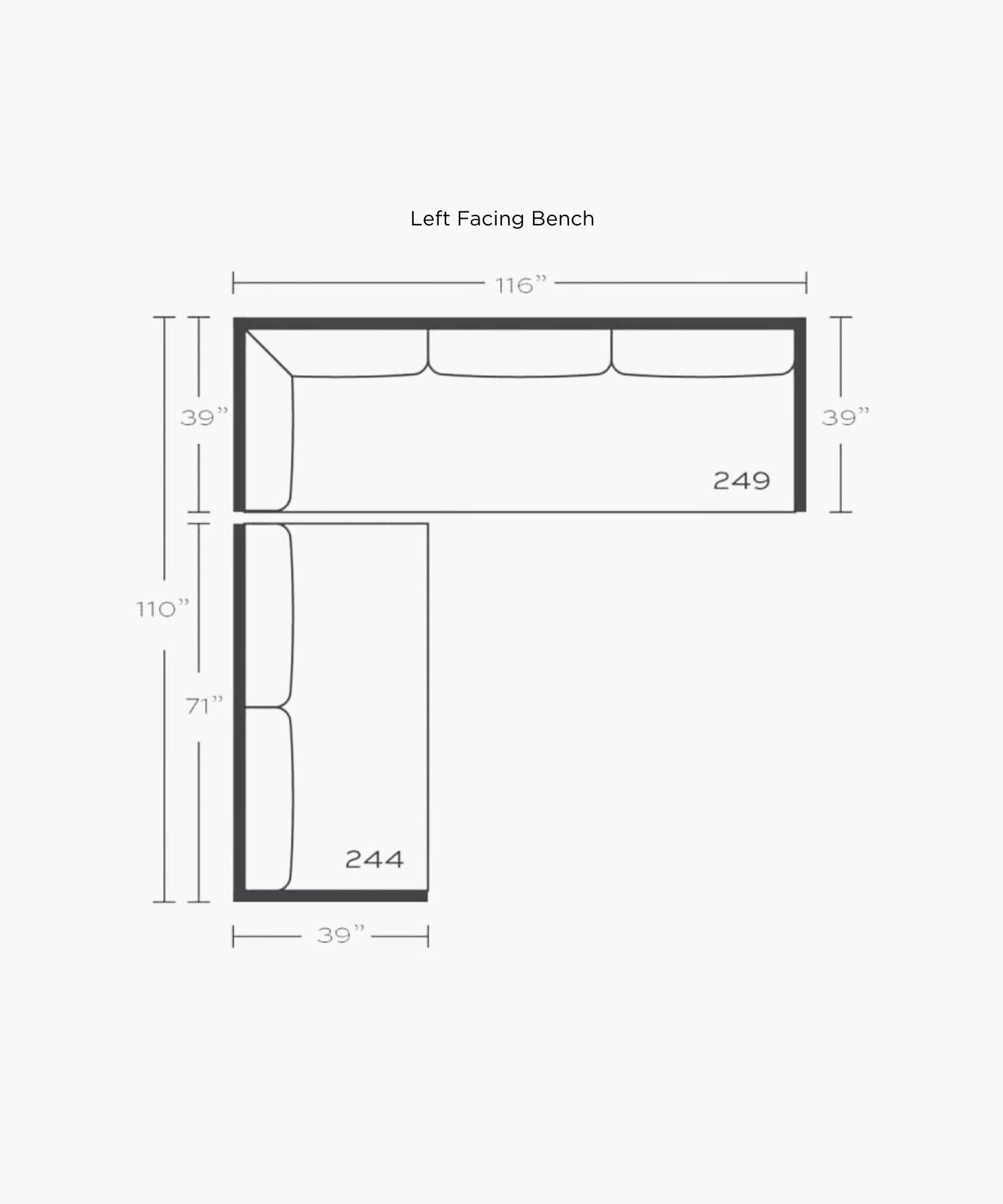 Dimensions of a left-facing sectional on a white background