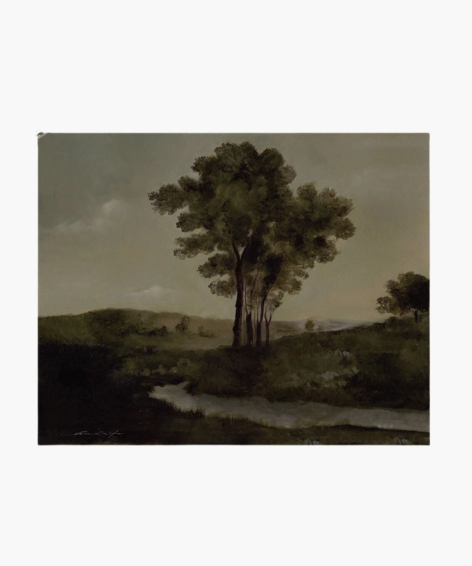 a giclee art painting of a ladscape with trees by the riverside by Hannah Winters, printed on thick, textured, high-quality paper. | Wildwood Home Co.