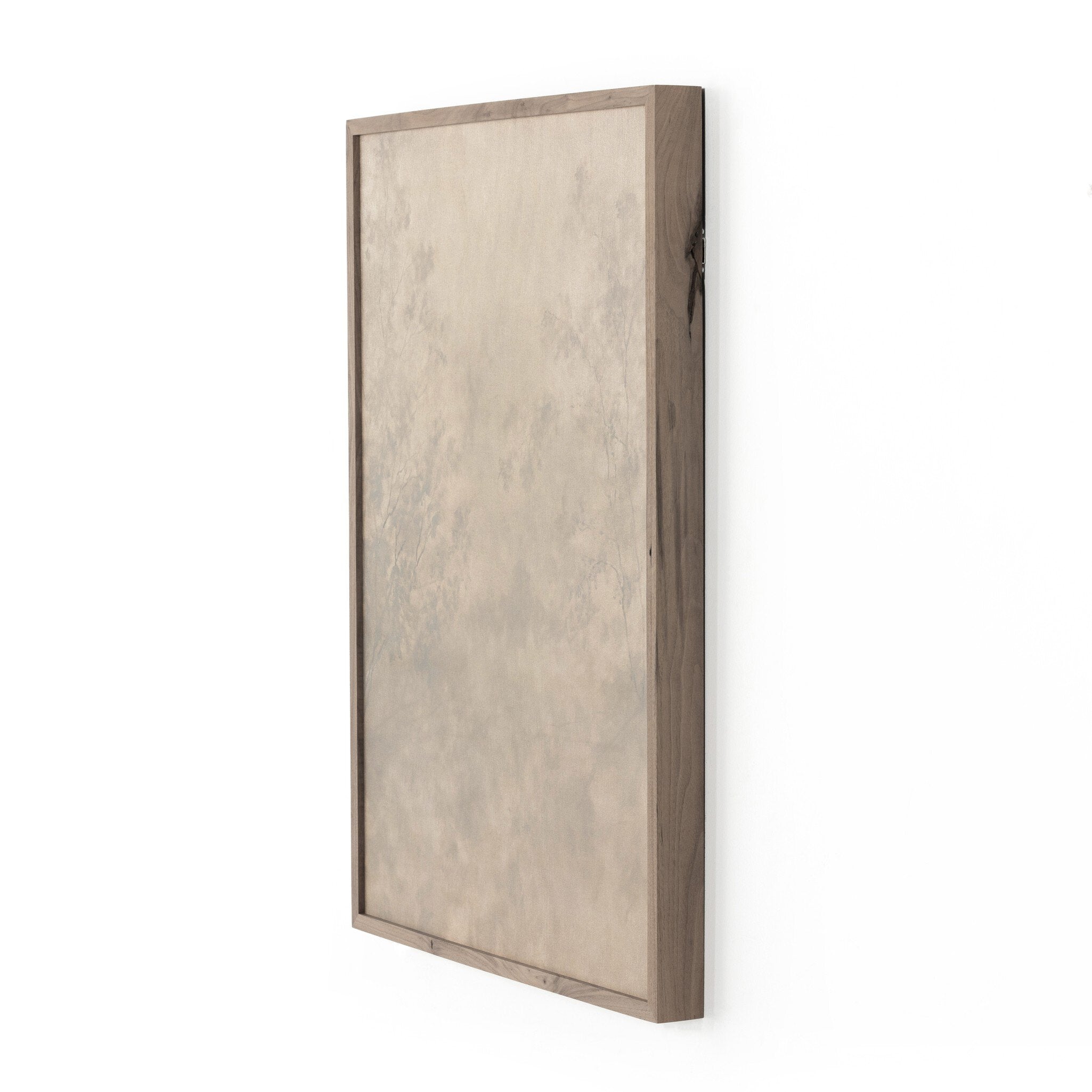 Framed artwork with a textured beige background on a white background.