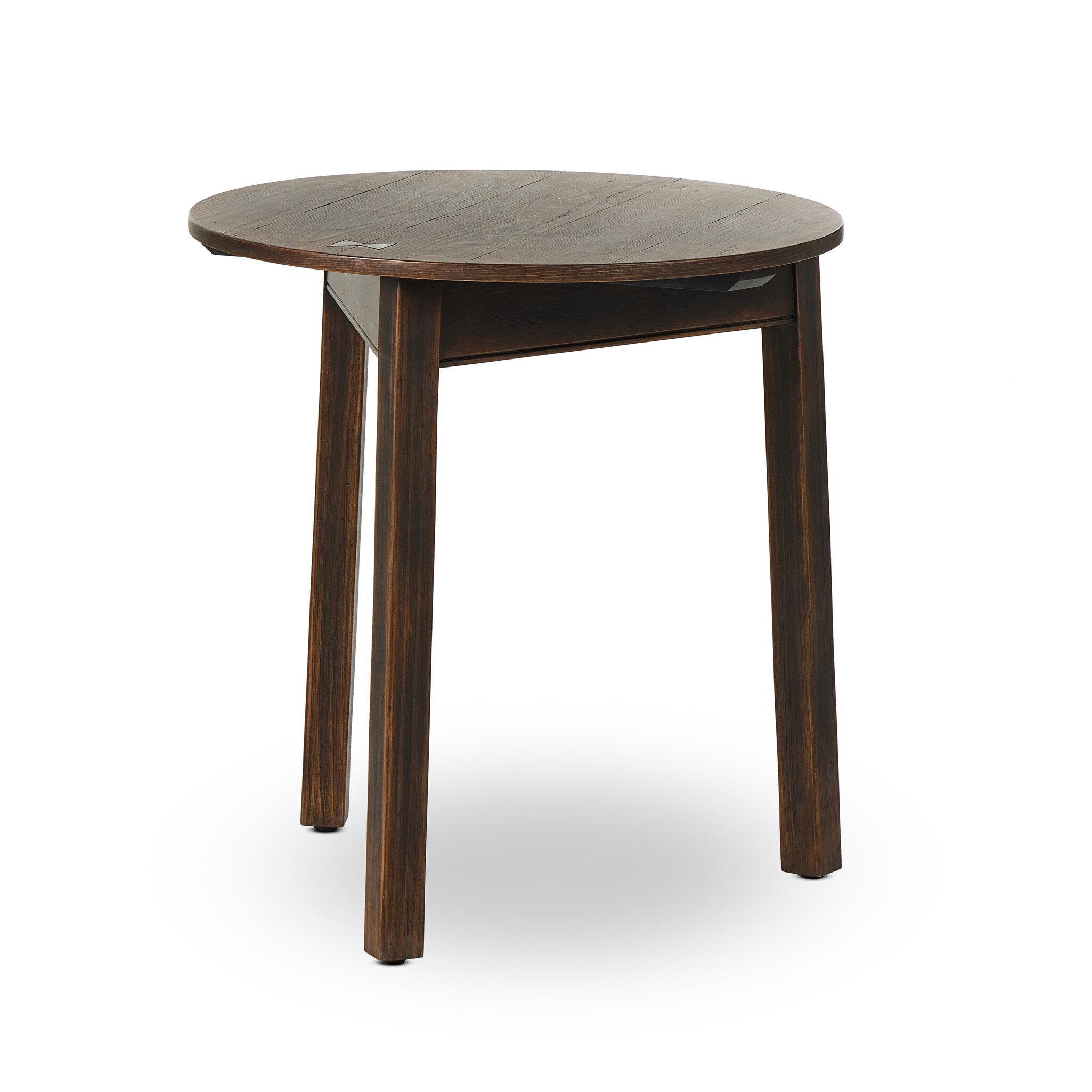 Antique inspired three-legged end table made of brown-finished pine on a white background.