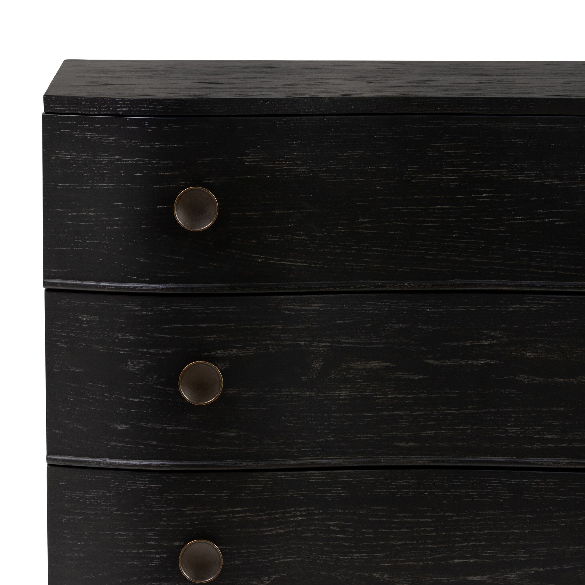 Close up of a dark wood dresser with three drawers and round knobs on a white background.