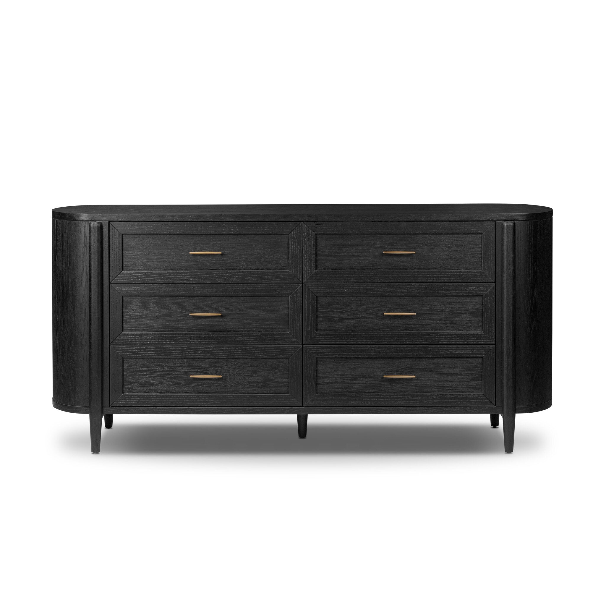 Curved black dresser with brass handles on a white background. | Wildwood Home Co.