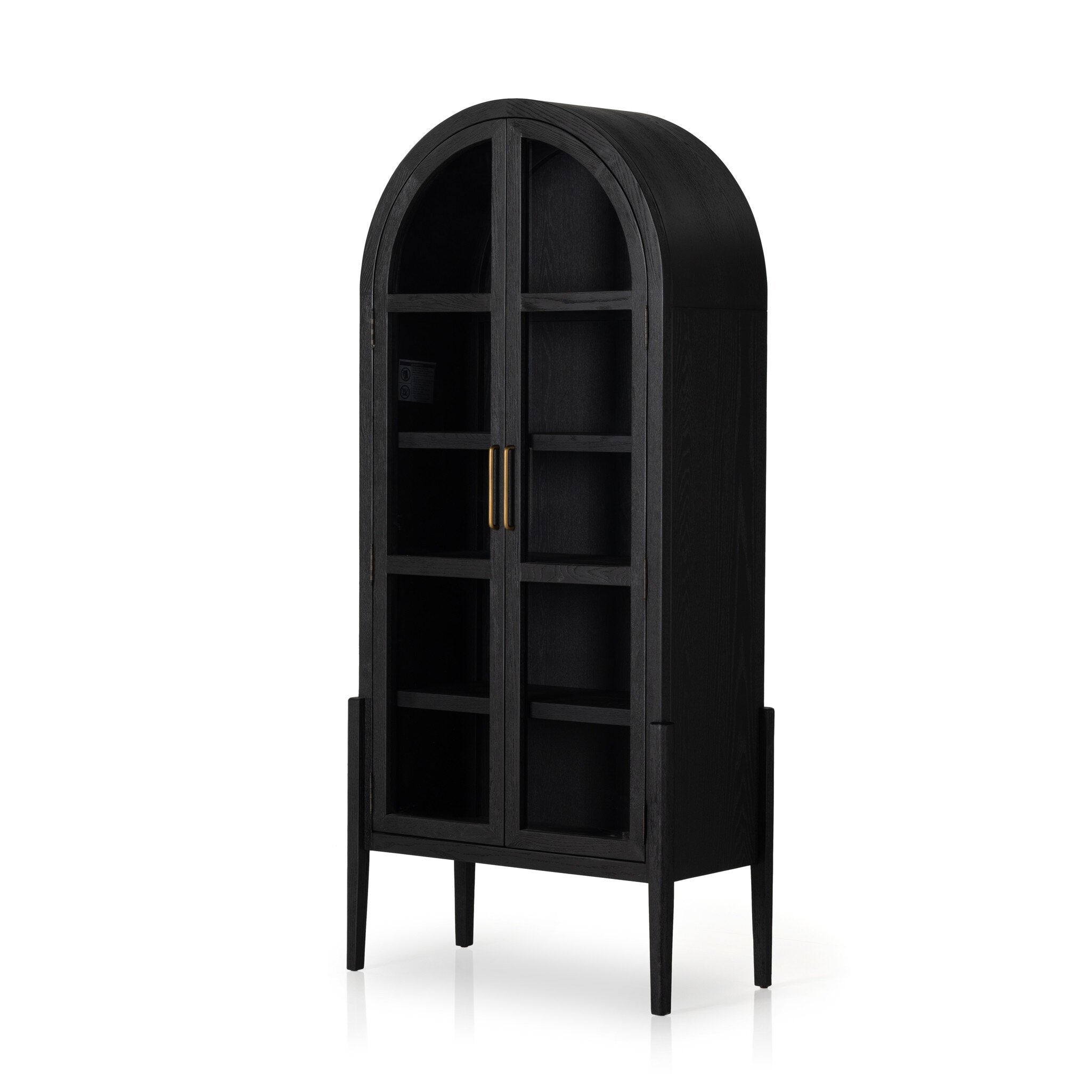 Black-finished solid oak cabinet with an arched top and glass doors on a white background.