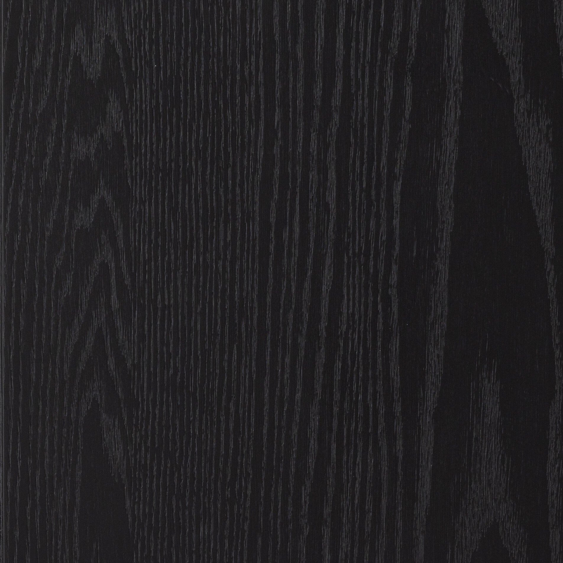 Close up of a black-finished solid oak cabinet with an arched top and glass doors.