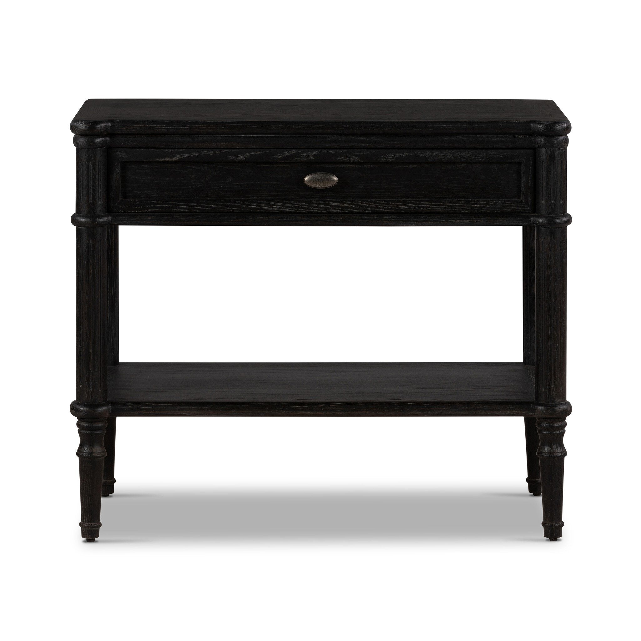 Distressed black oak nightstand with a drawer and a shelf on a white background. | Wildwood Home Co.